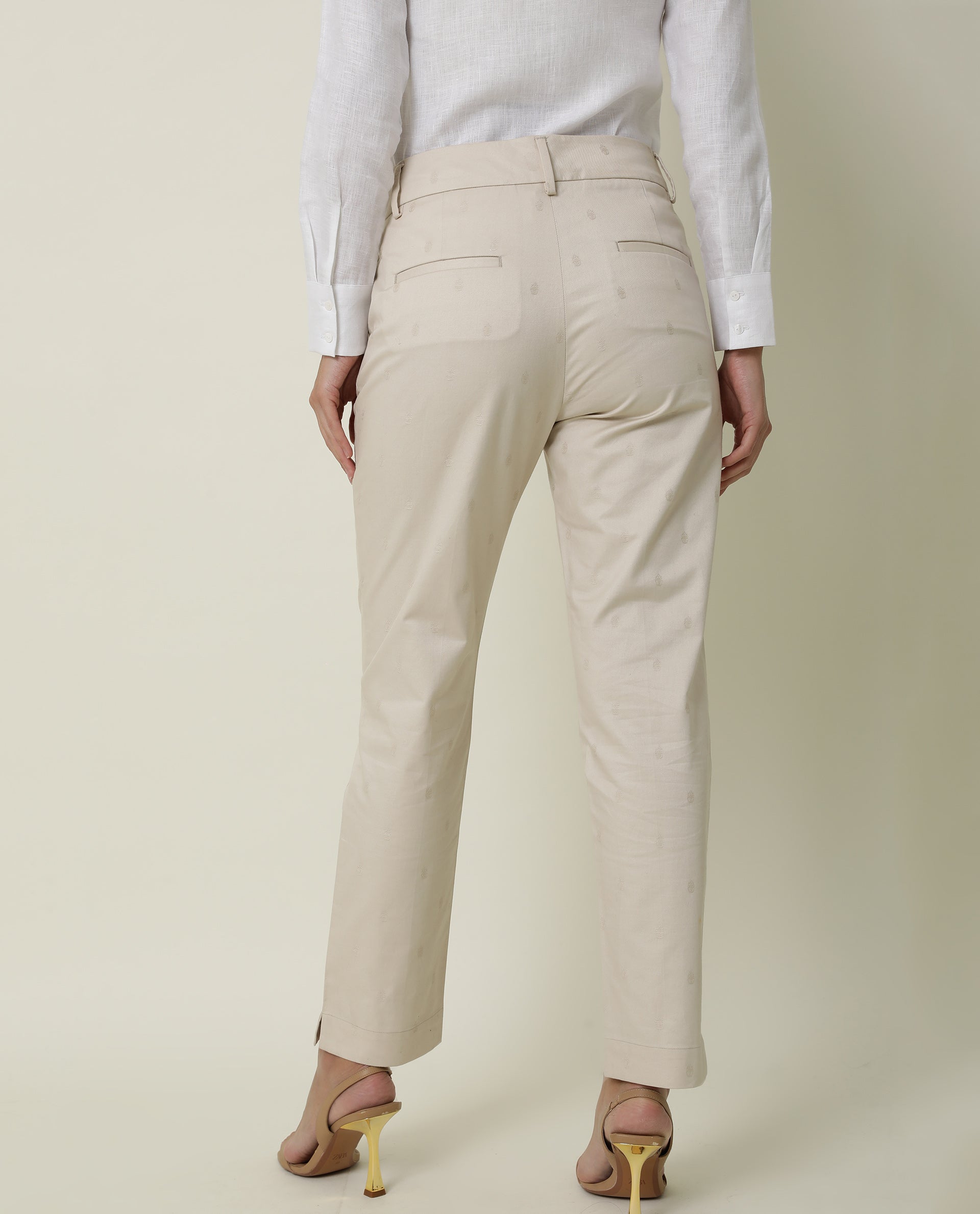 WOMENS ODYSSEY BEIGE TROUSER Cotton FABRIC Regular FIT Zipper CLOSURE High Rise WAIST RISE Ankle Length