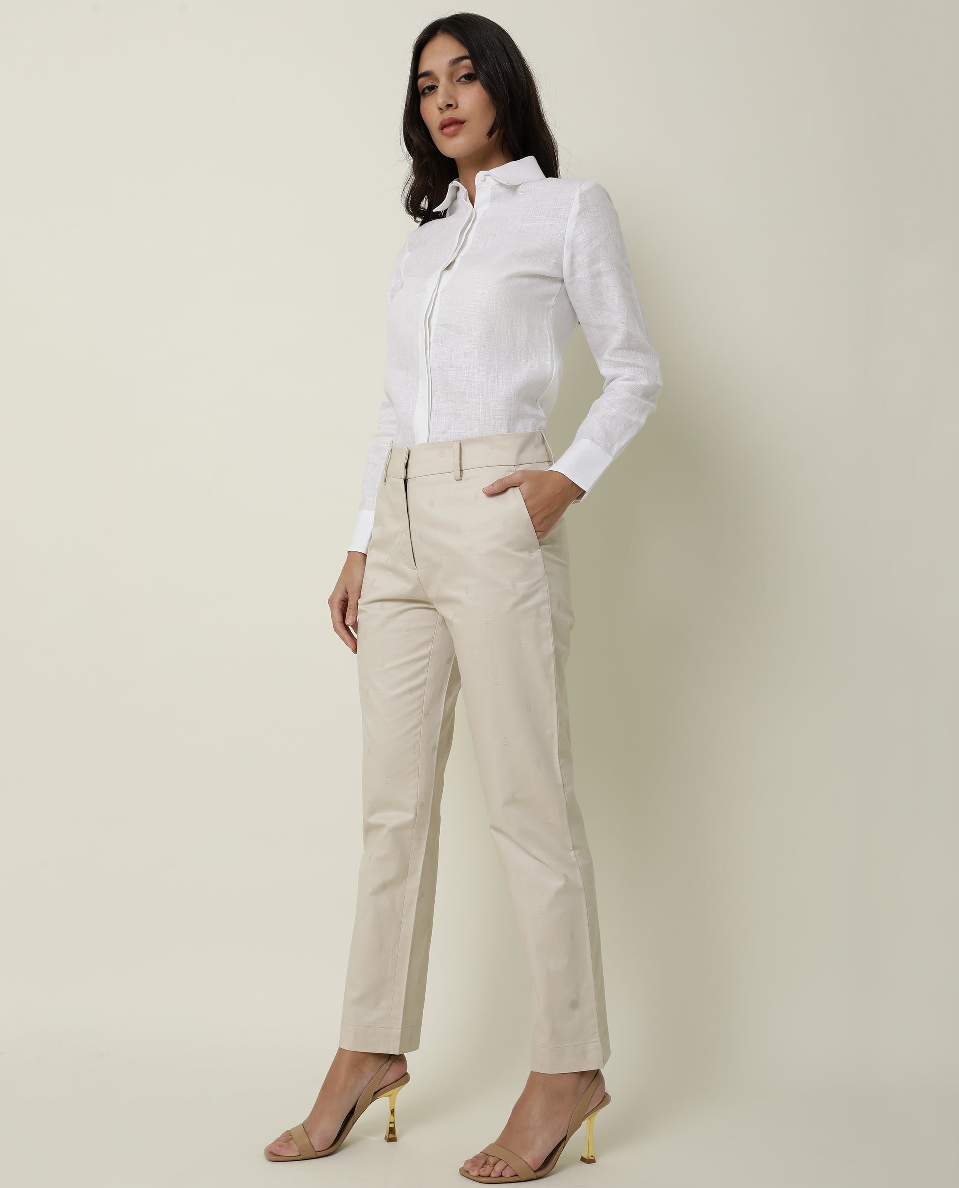 WOMENS ODYSSEY BEIGE TROUSER Cotton FABRIC Regular FIT Zipper CLOSURE High Rise WAIST RISE Ankle Length