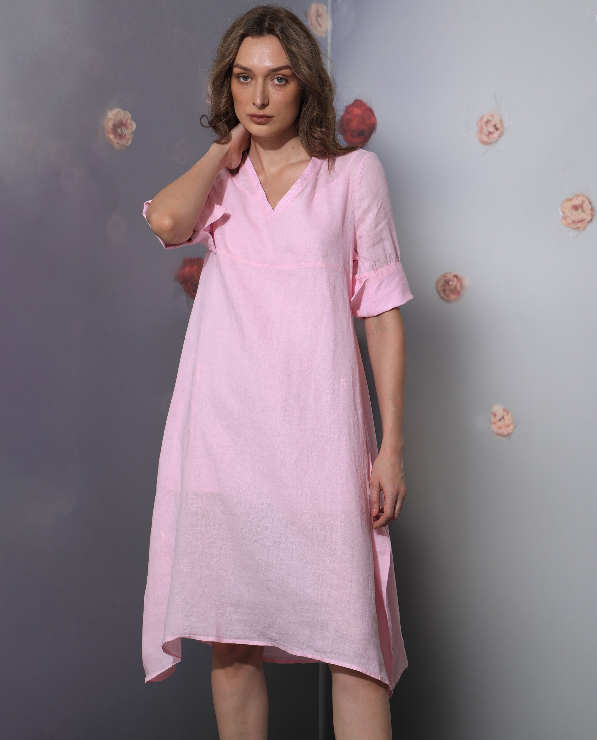 WOMEN'S CHREEY 1 PINK DRESS LINEN FABRIC SHORT SLEEVES SOLID