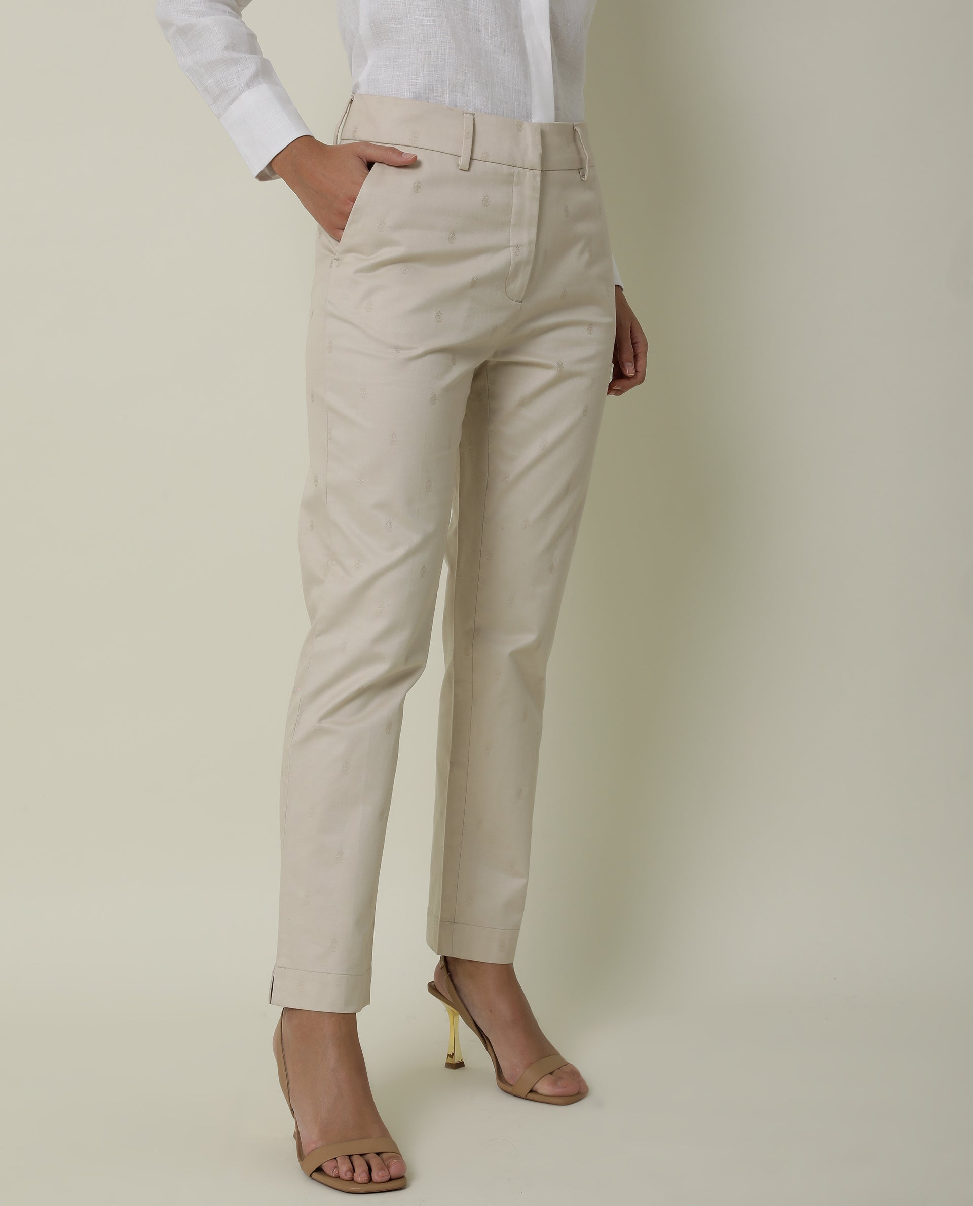 WOMENS ODYSSEY BEIGE TROUSER Cotton FABRIC Regular FIT Zipper CLOSURE High Rise WAIST RISE Ankle Length