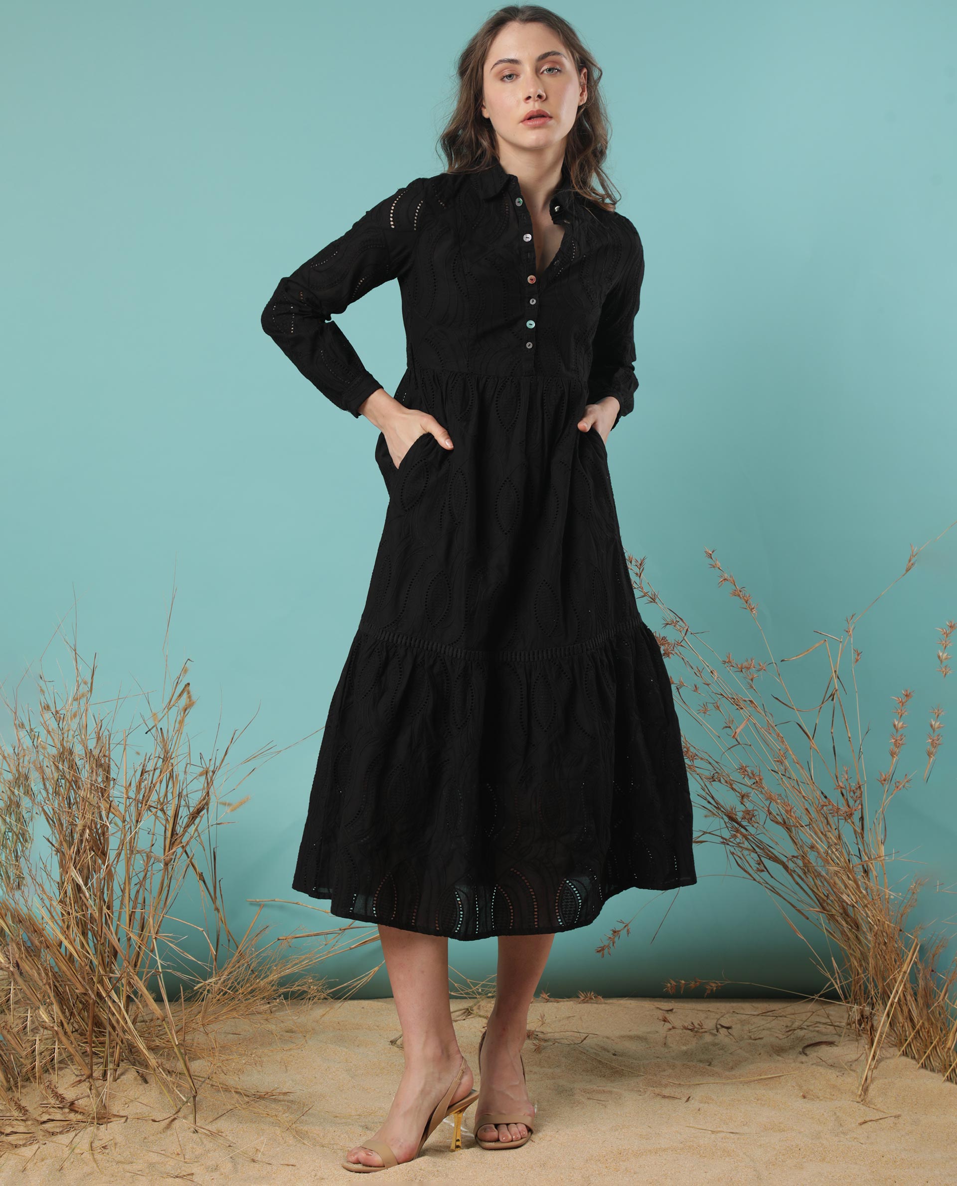 WOMEN'S DARCY BLACK DRESS COTTON FABRIC FULL SLEEVES SOLID