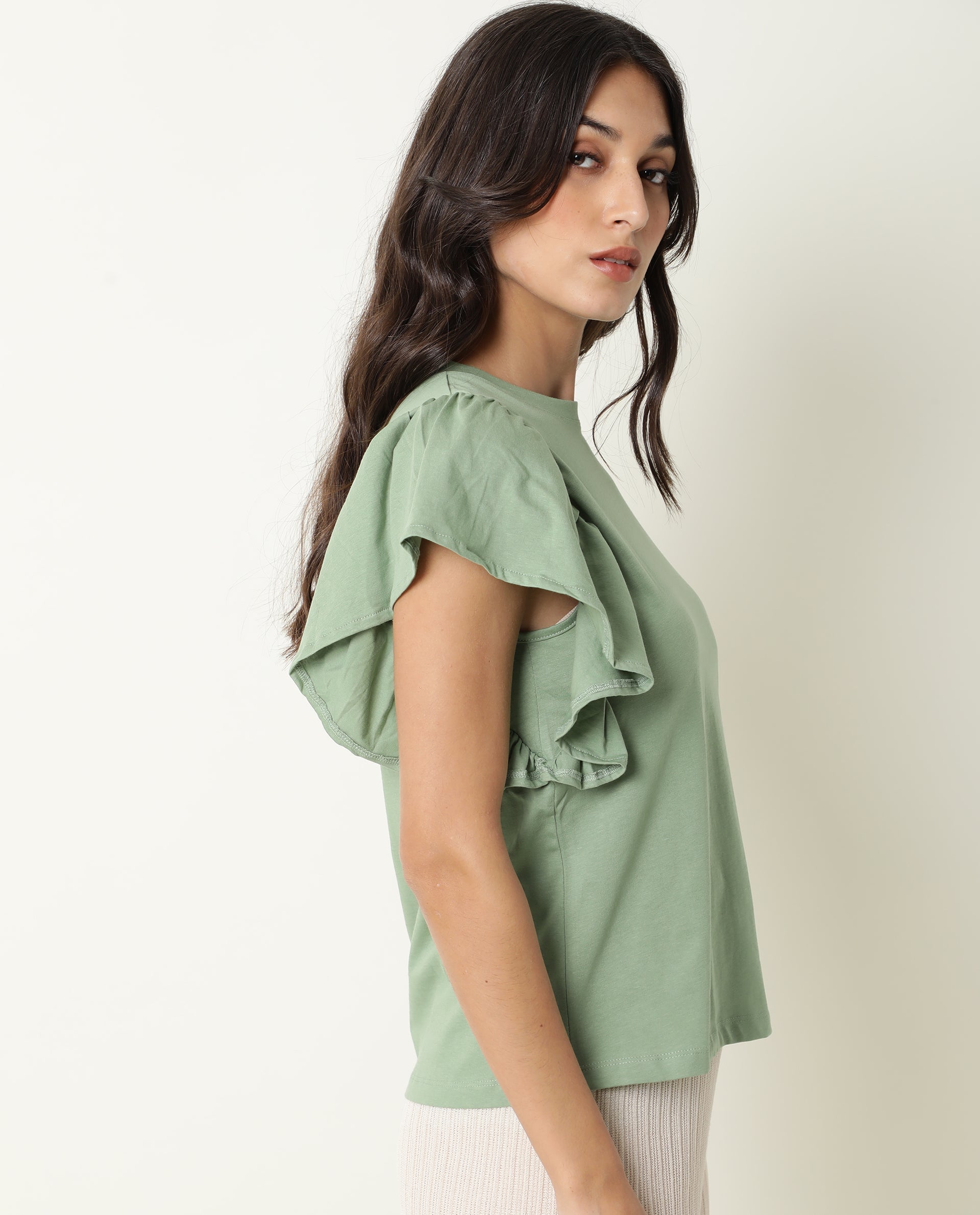 WOMENS YATCH GREEN TOP Cotton FABRIC Regular FIT Ruffled Sleeves Crew neck