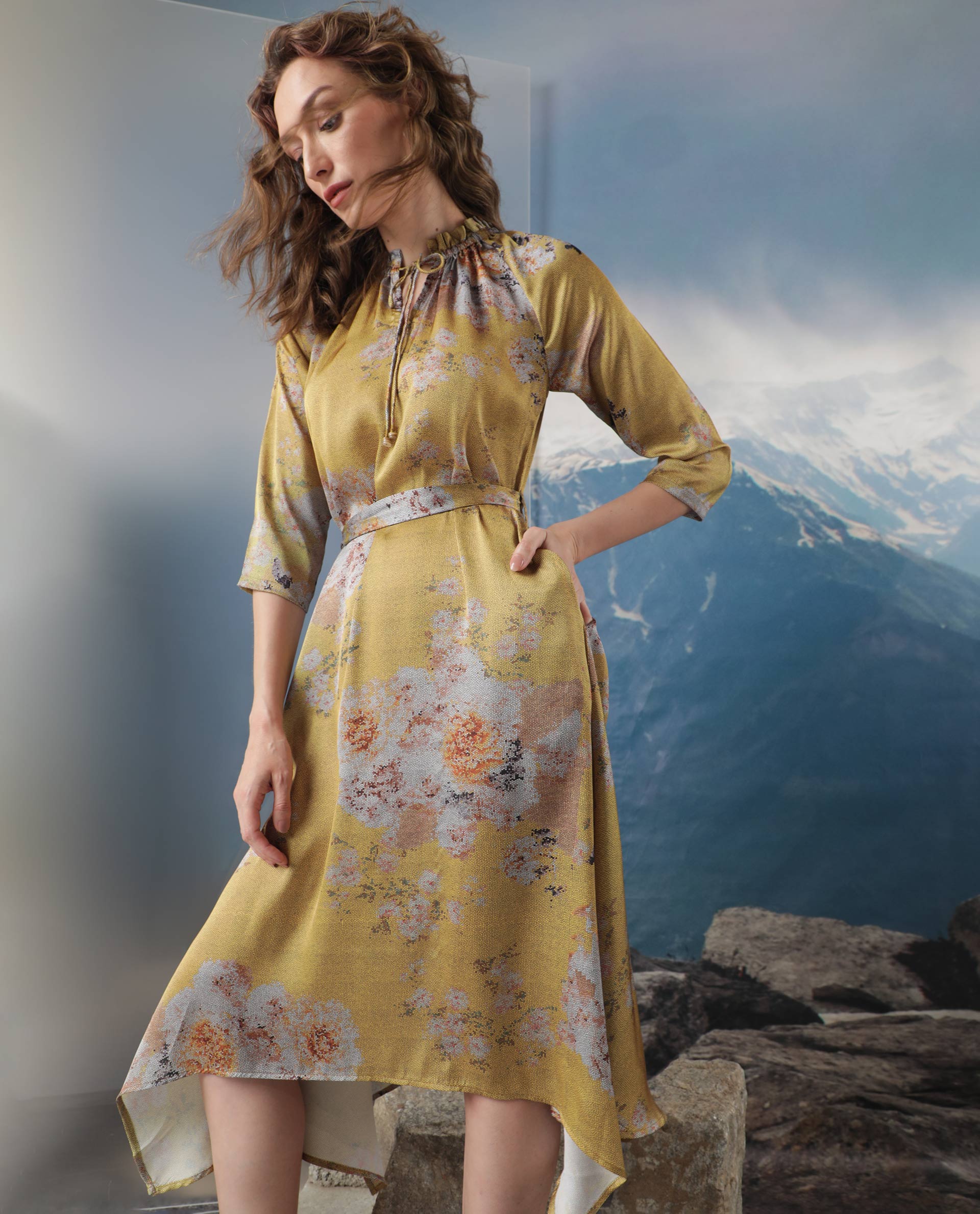 WOMEN'S JOURNEE YELLOW DRESS POLYESTER FABRIC FULL SLEEVES PRINT