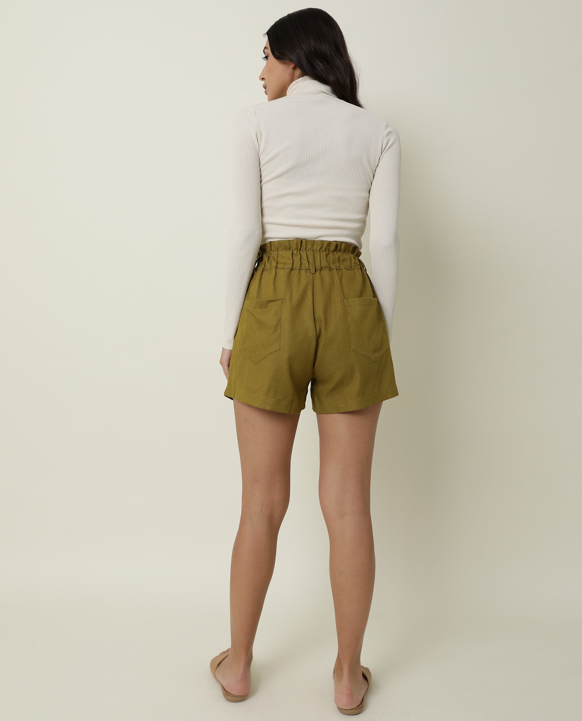 WOMEN'S WOBBLE OLIVE SHORTS COTTON FABRIC ZIP CLOUSER SOLID