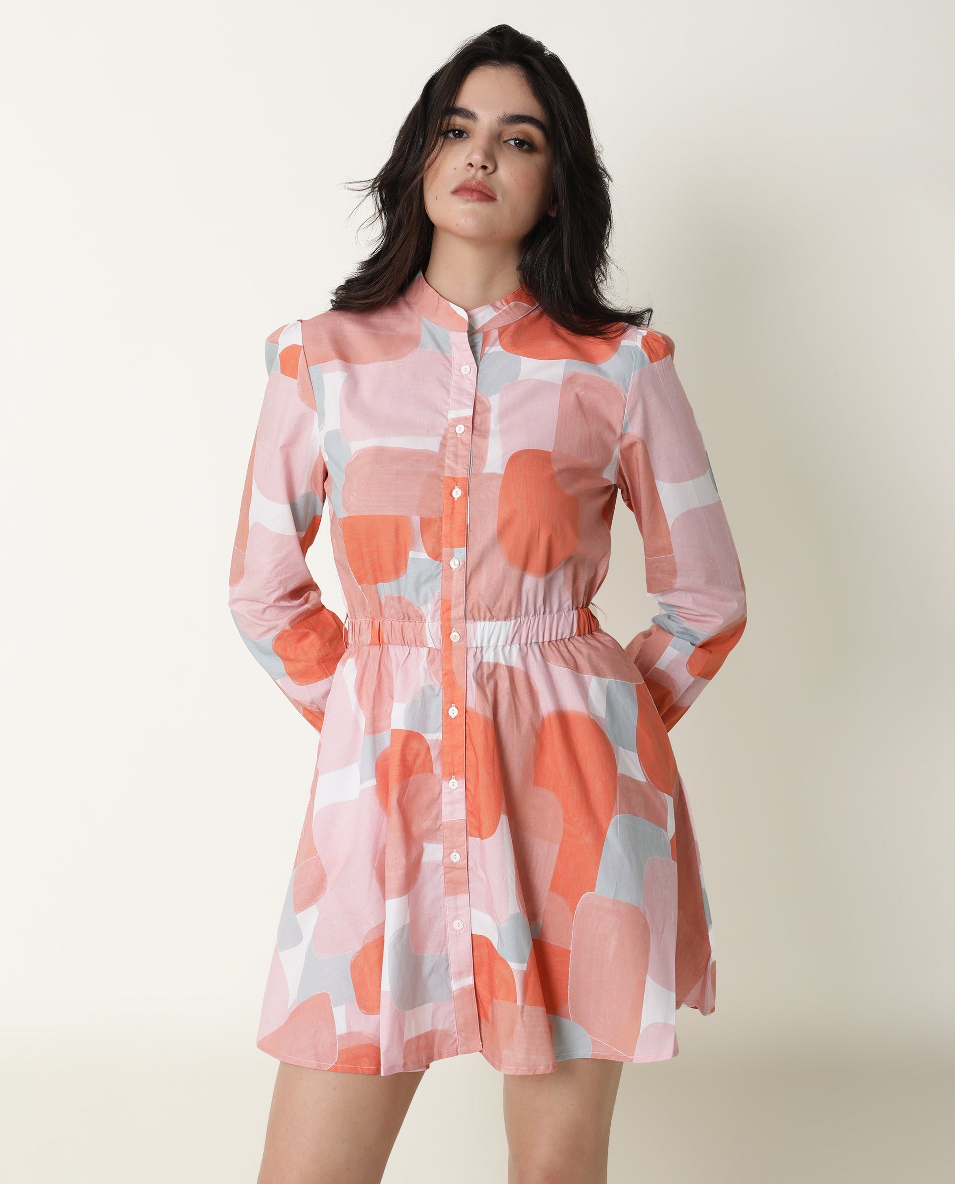 WOMENS FACES PEACH DRESS MODAL SATIN FABRIC REGULAR FIT CUFFED SLEEVE MANDARIN NECK