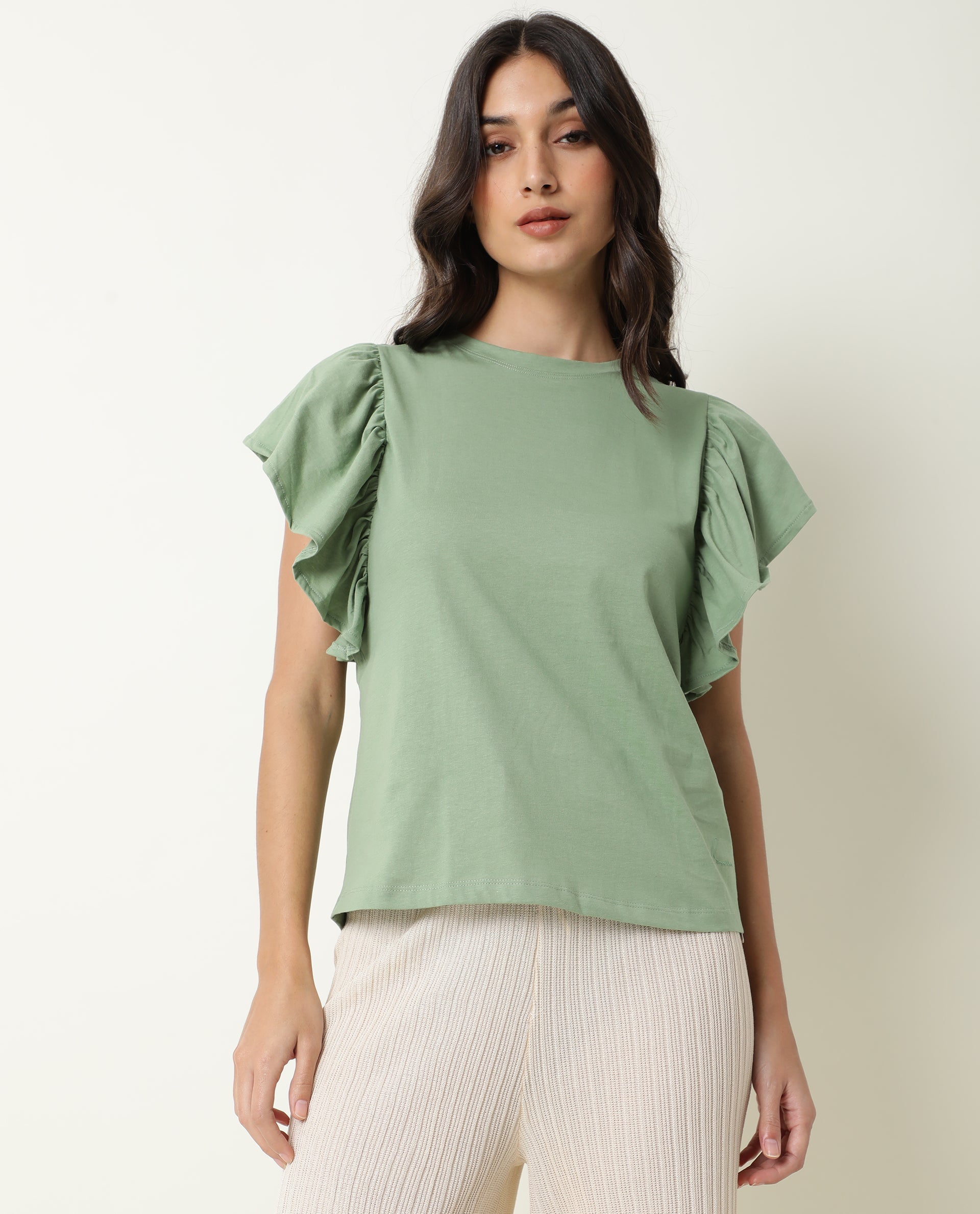 WOMENS YATCH GREEN TOP Cotton FABRIC Regular FIT Ruffled Sleeves Crew neck