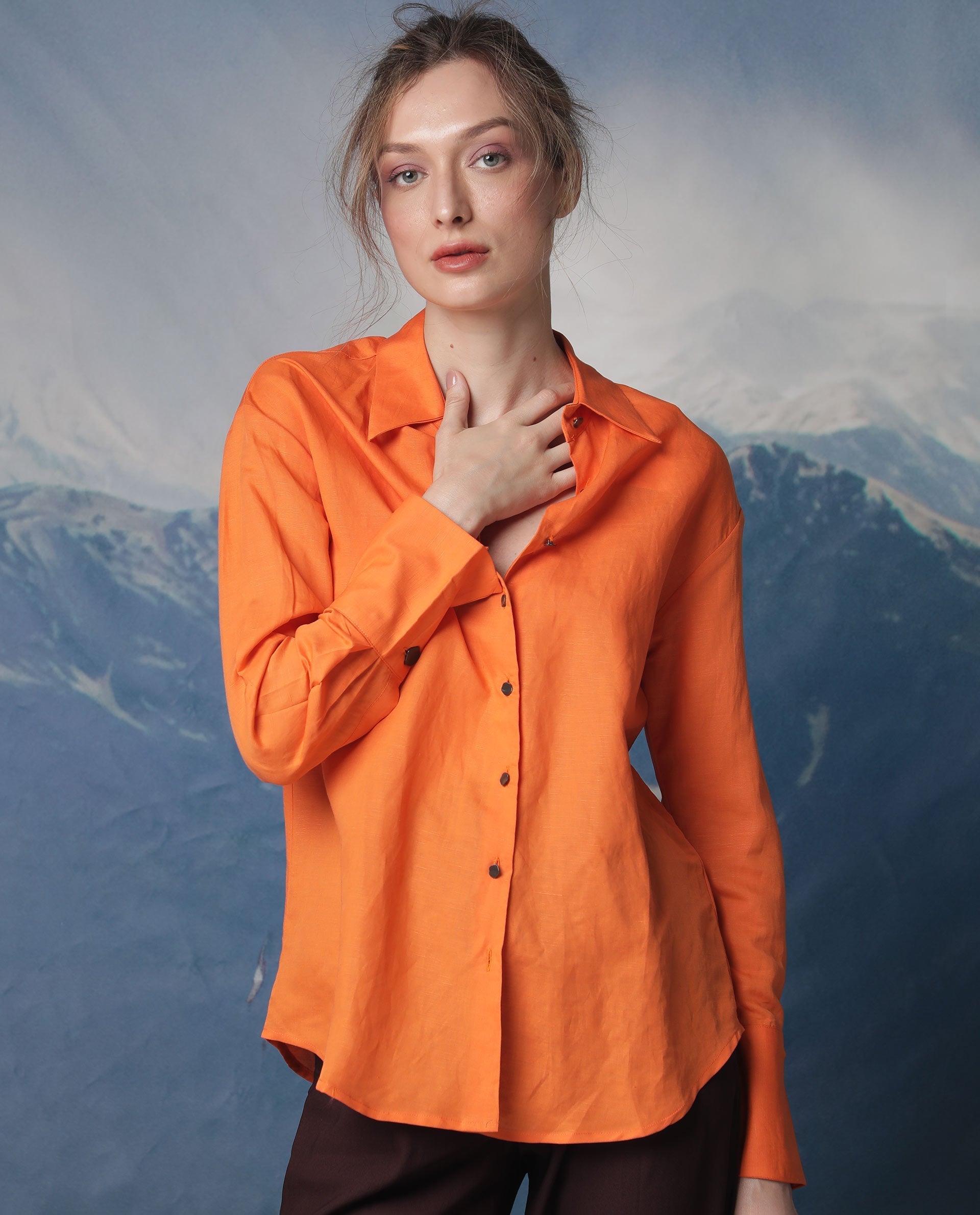 WOMEN'S HARPER ORANGE TOP MODAL LINEN FABRIC LONG SLEEVES SOLID