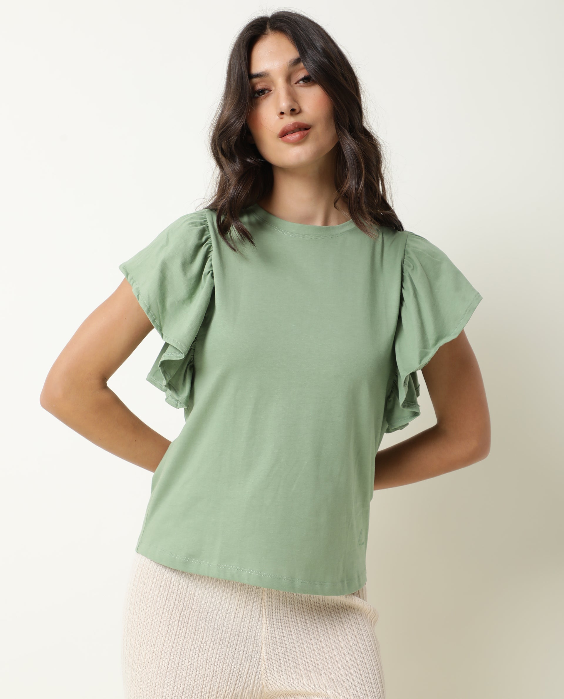 WOMENS YATCH GREEN TOP Cotton FABRIC Regular FIT Ruffled Sleeves Crew neck