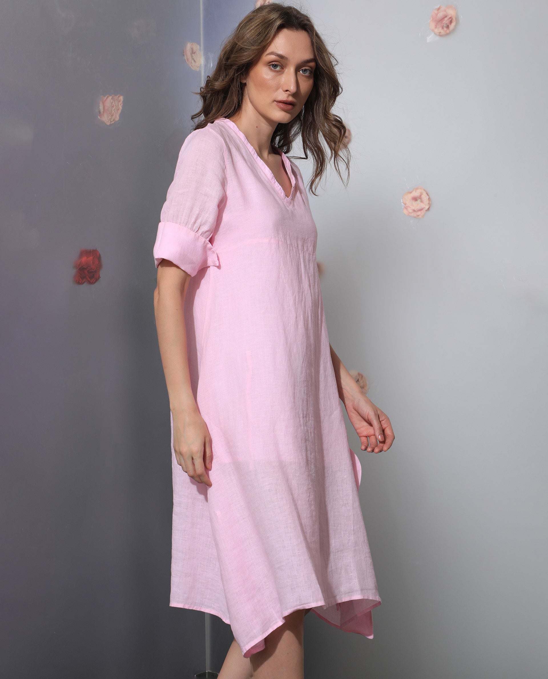 WOMEN'S CHREEY 1 PINK DRESS LINEN FABRIC SHORT SLEEVES SOLID