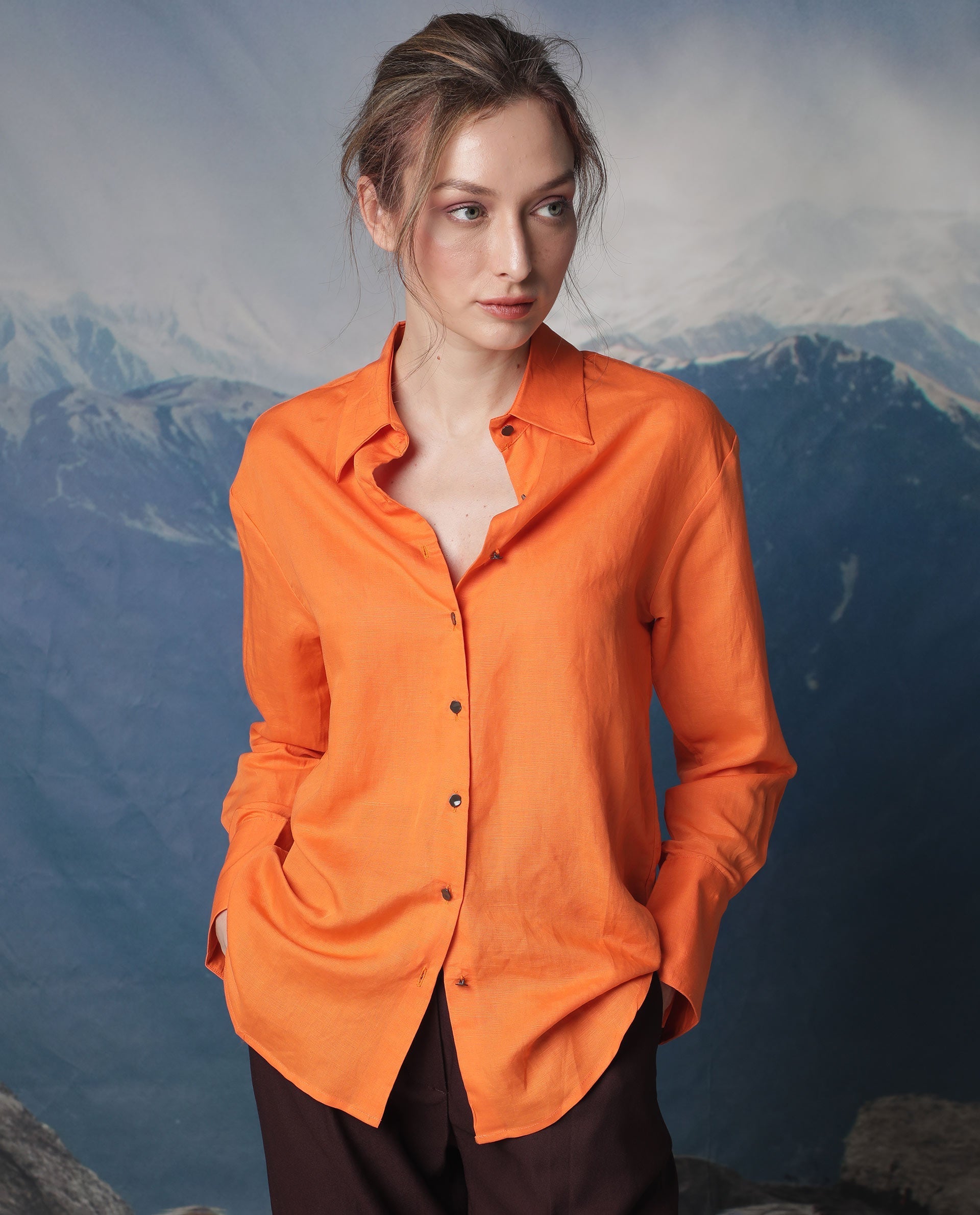 WOMEN'S HARPER ORANGE TOP MODAL LINEN FABRIC LONG SLEEVES SOLID