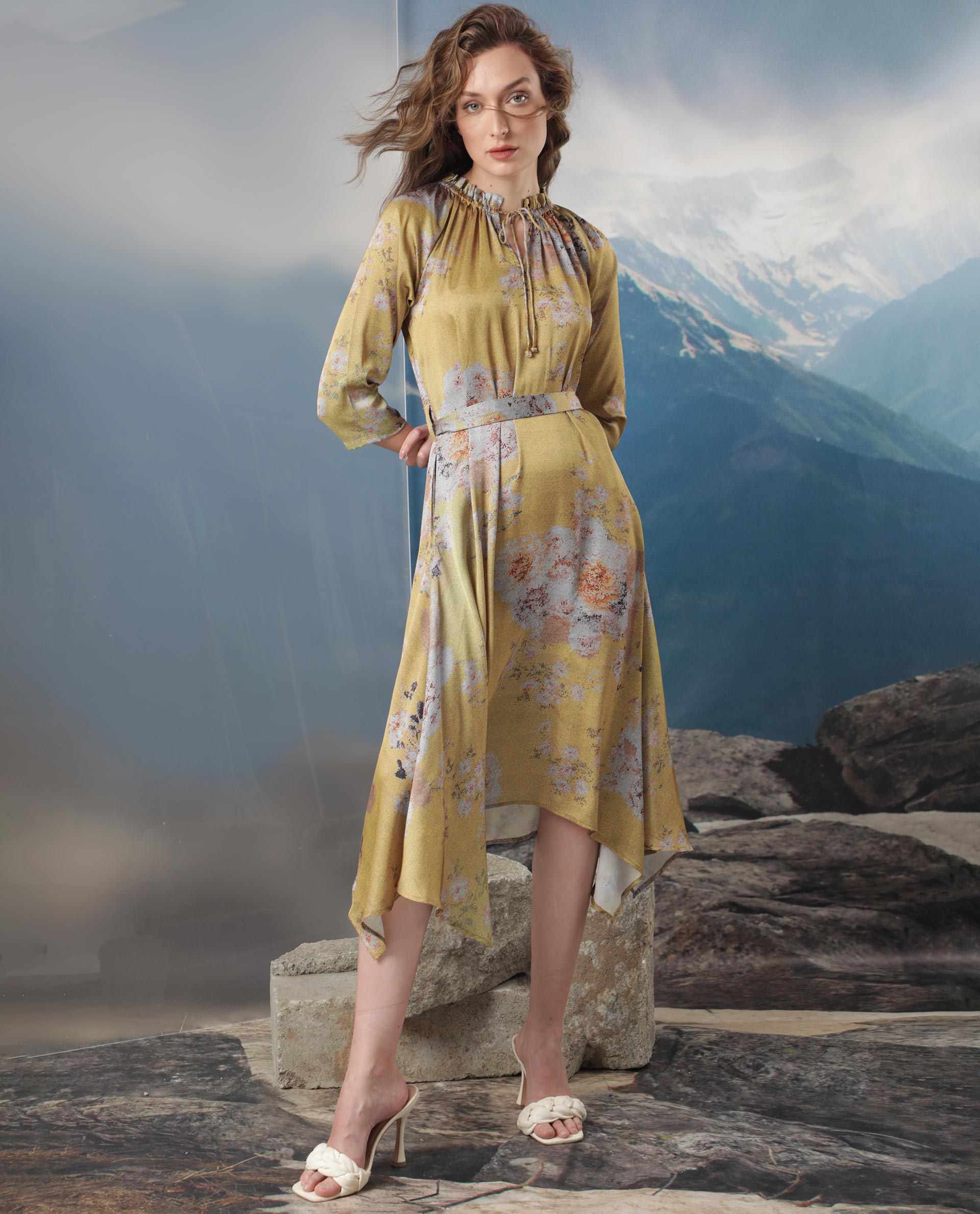 WOMEN'S JOURNEE YELLOW DRESS POLYESTER FABRIC FULL SLEEVES PRINT