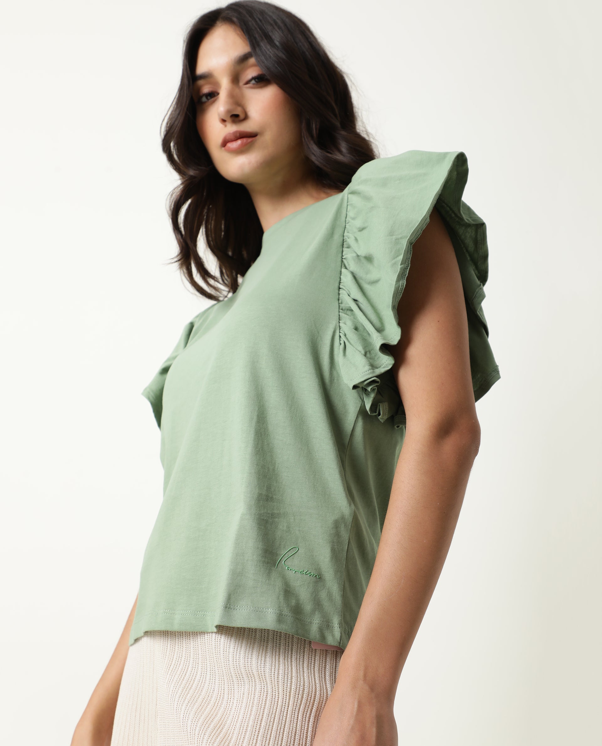 WOMENS YATCH GREEN TOP Cotton FABRIC Regular FIT Ruffled Sleeves Crew neck