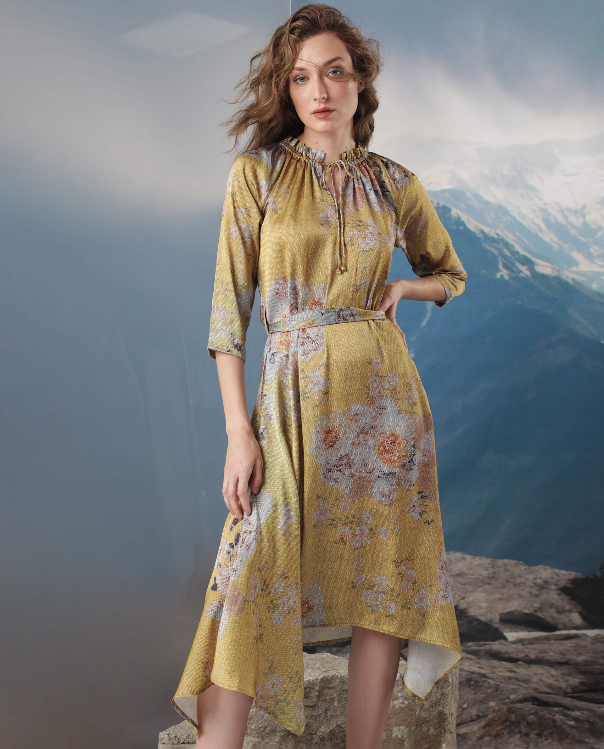 WOMEN'S JOURNEE YELLOW DRESS POLYESTER FABRIC FULL SLEEVES PRINT