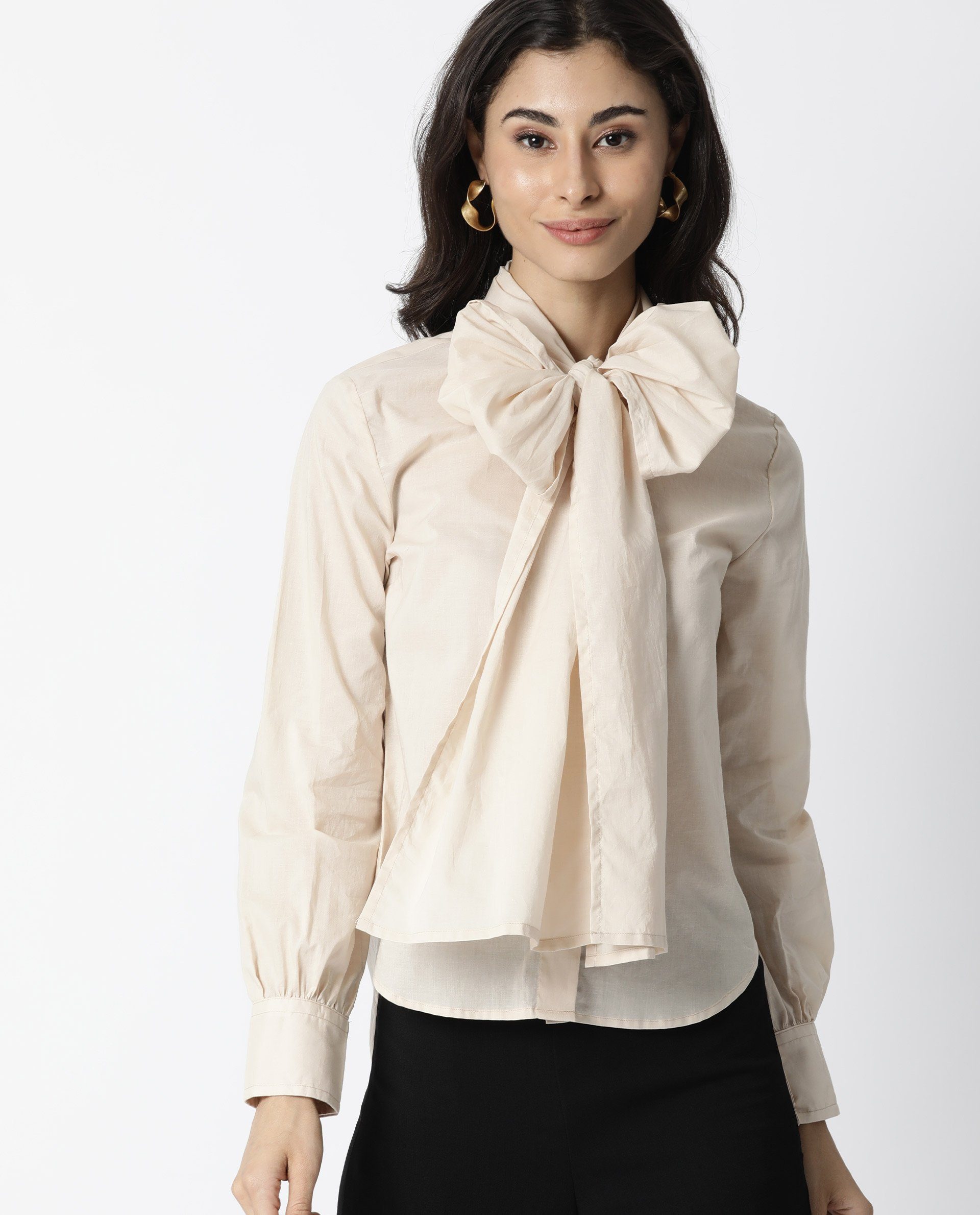 WOMENS FLAME BEIGE TOP COTTON FABRIC FULL SLEEVES TIE UP NECKLINE