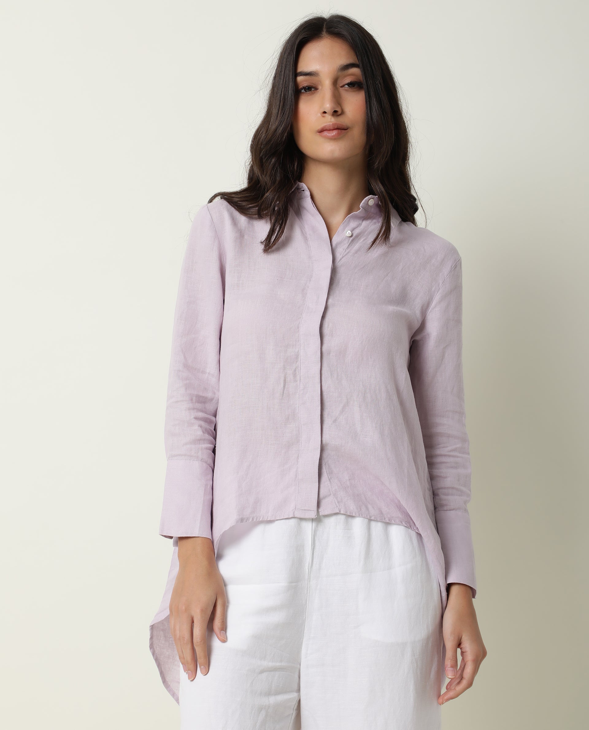 WOMENS COMFO PURPLE TOP Linen FABRIC Loose FIT Cuffed Sleeve Collared Neck