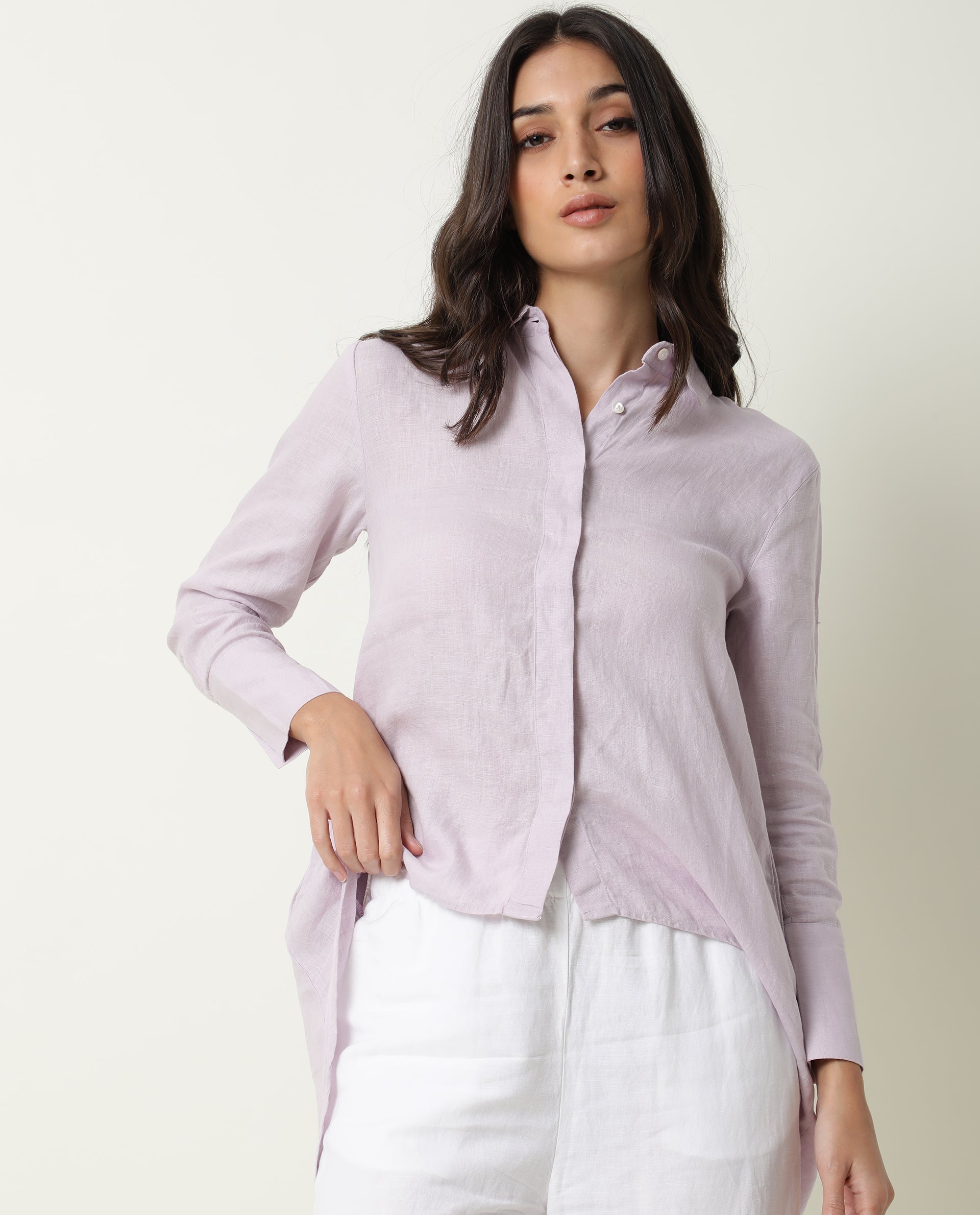 WOMENS COMFO PURPLE TOP Linen FABRIC Loose FIT Cuffed Sleeve Collared Neck