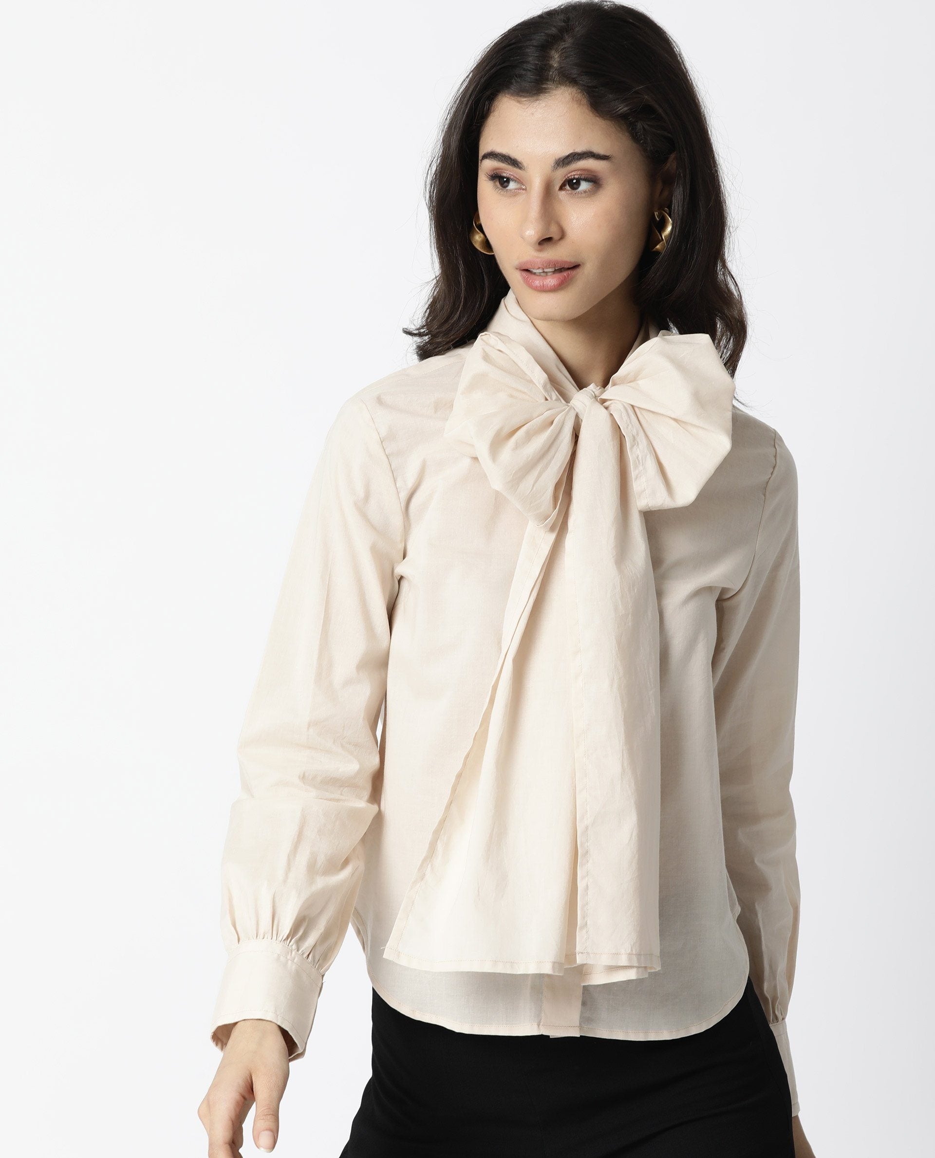 WOMENS FLAME BEIGE TOP COTTON FABRIC FULL SLEEVES TIE UP NECKLINE