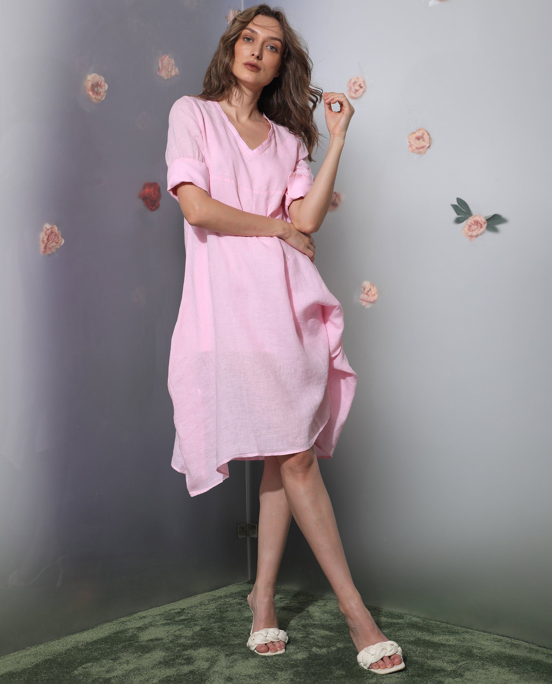 WOMEN'S CHREEY 1 PINK DRESS LINEN FABRIC SHORT SLEEVES SOLID