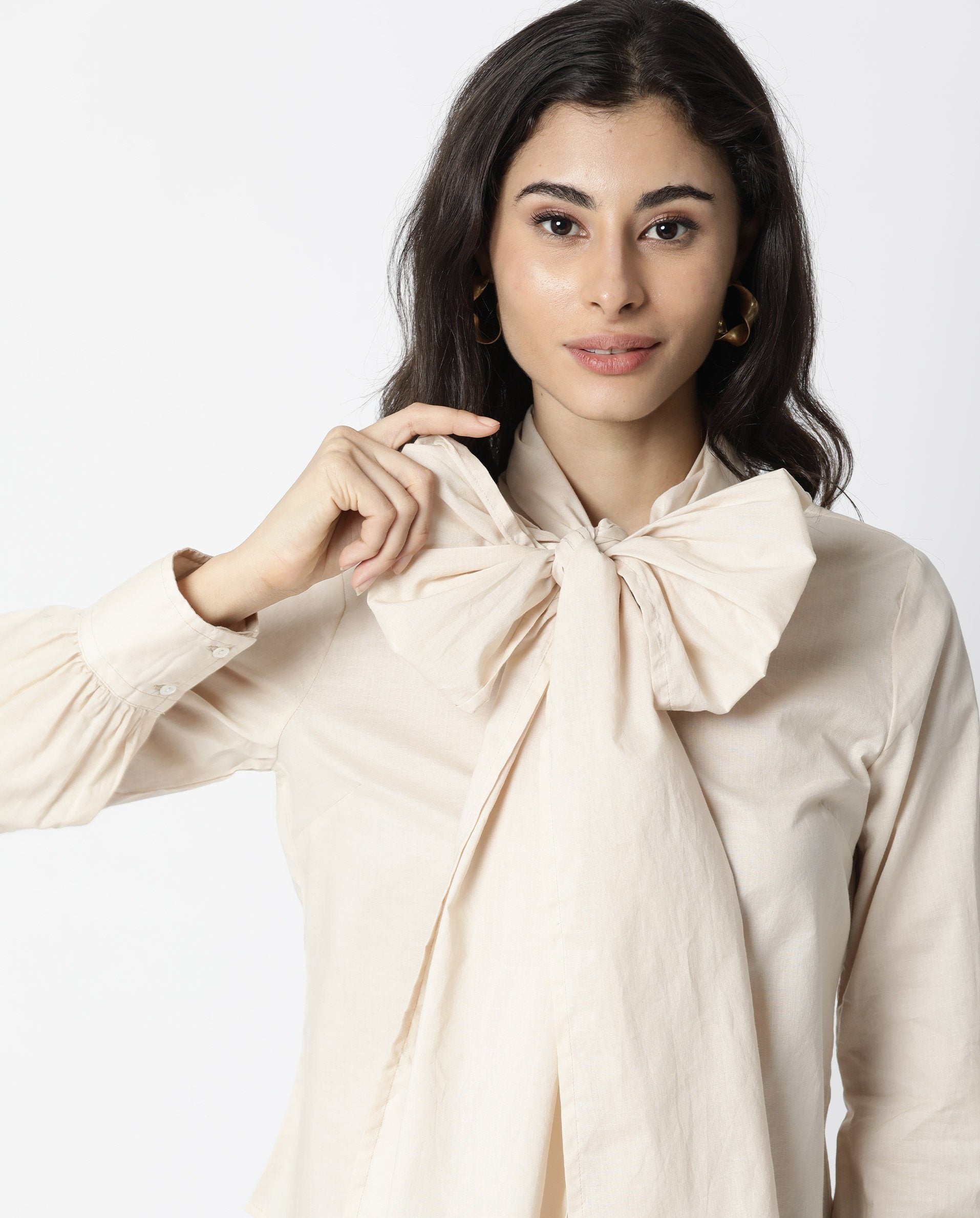 WOMENS FLAME BEIGE TOP COTTON FABRIC FULL SLEEVES TIE UP NECKLINE