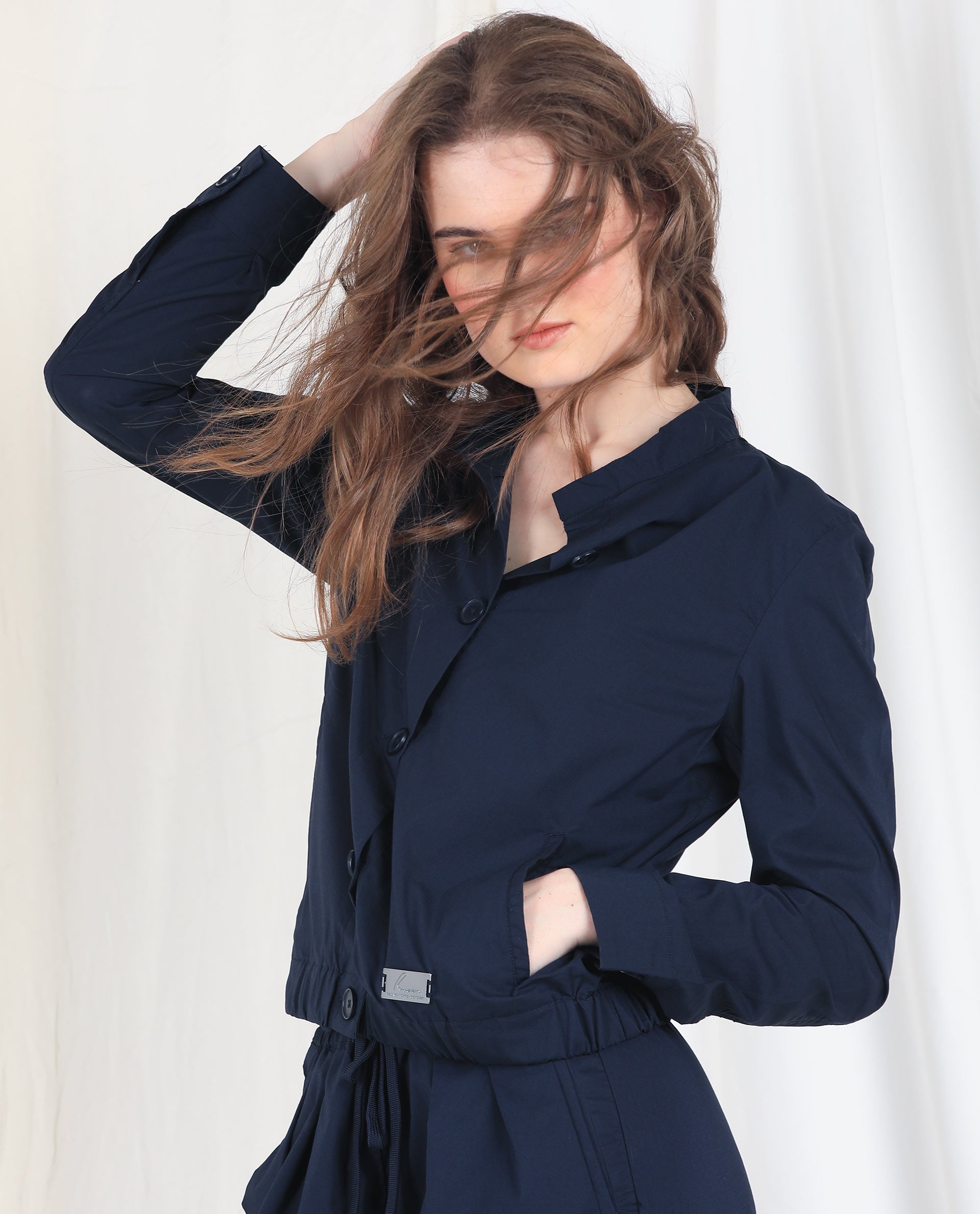 WOMENS AOMORI NAVY JACKET Poly Lycra FABRIC Regular FIT Cuffed Sleeve Collared Neck