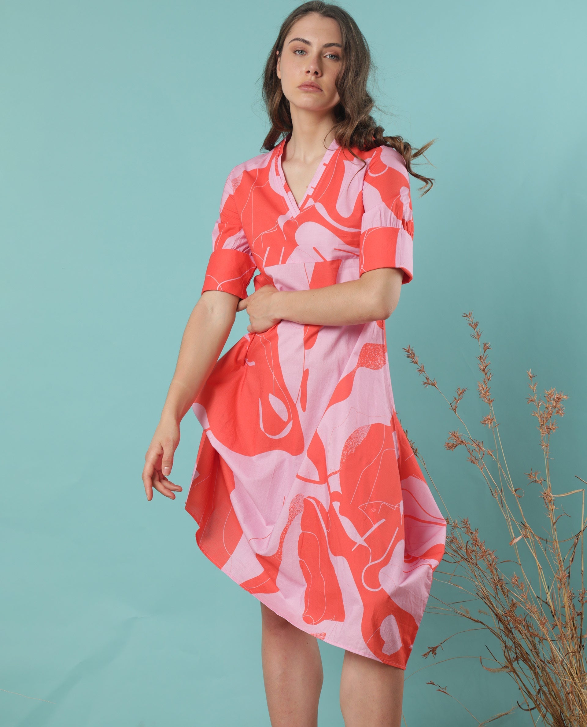 WOMEN'S DAPHNE ORANGE DRESS COTTON FABRIC  PRINT