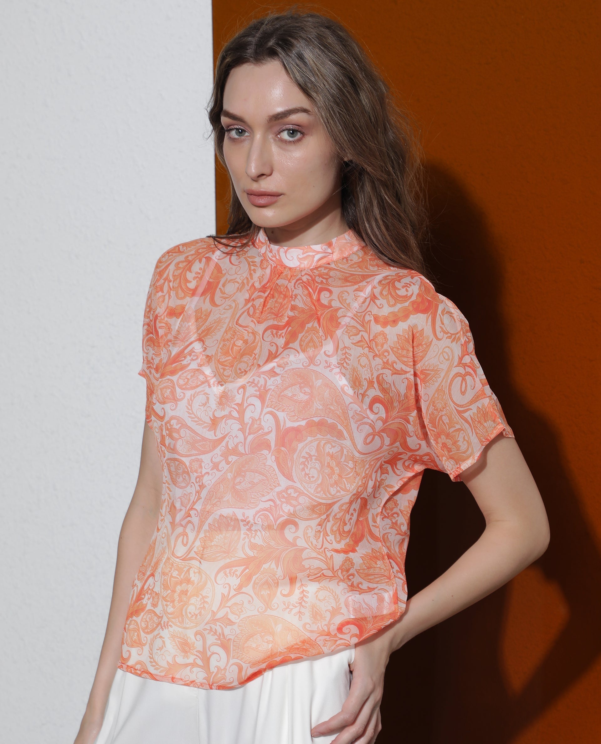 WOMEN'S COLLEN ORANGE TOP  POLYESTER FABRIC PRINTED