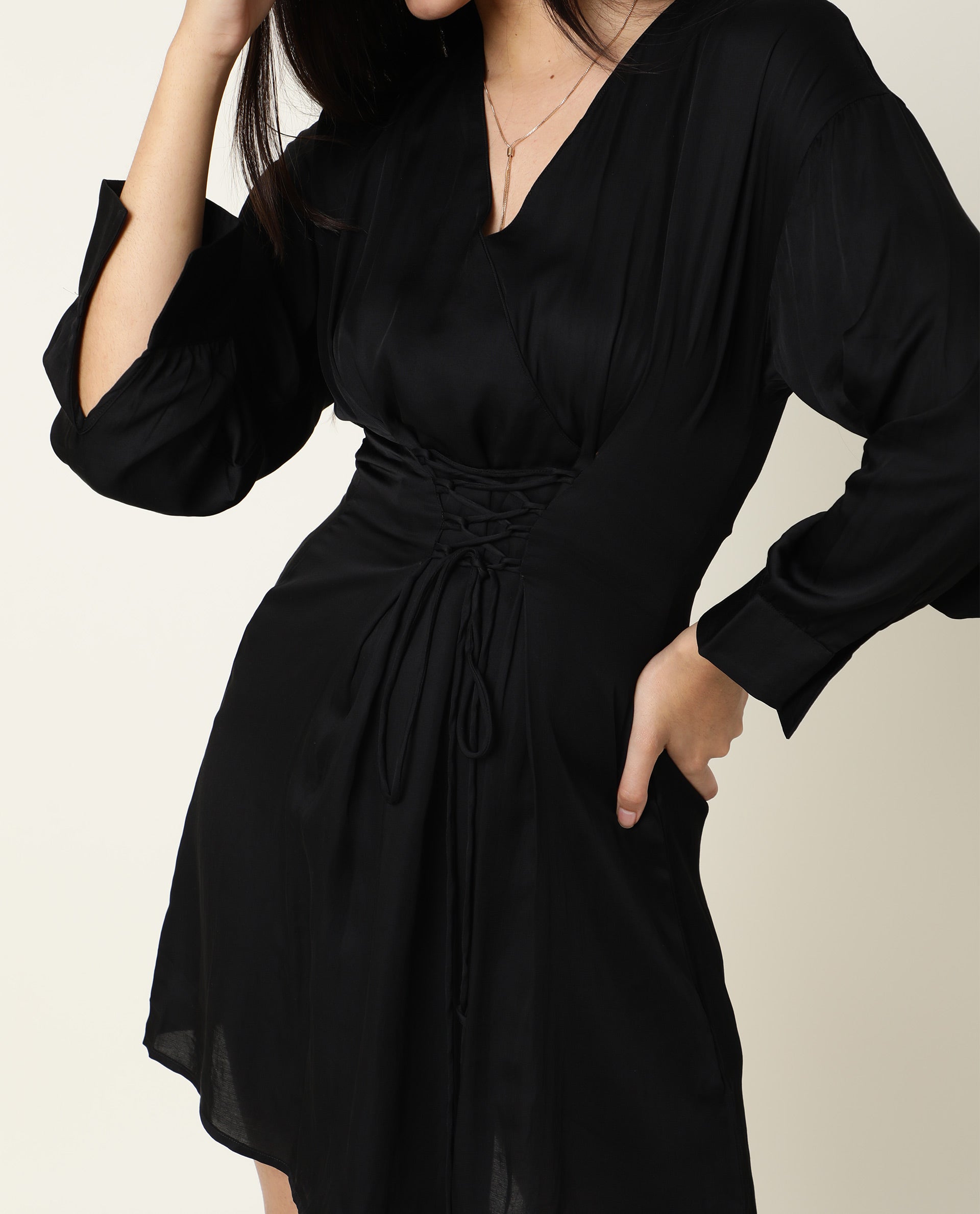 WOMENS LACTOSE BLACK DRESS Modal Satin FABRIC Regular FIT Full Sleeve V Neck