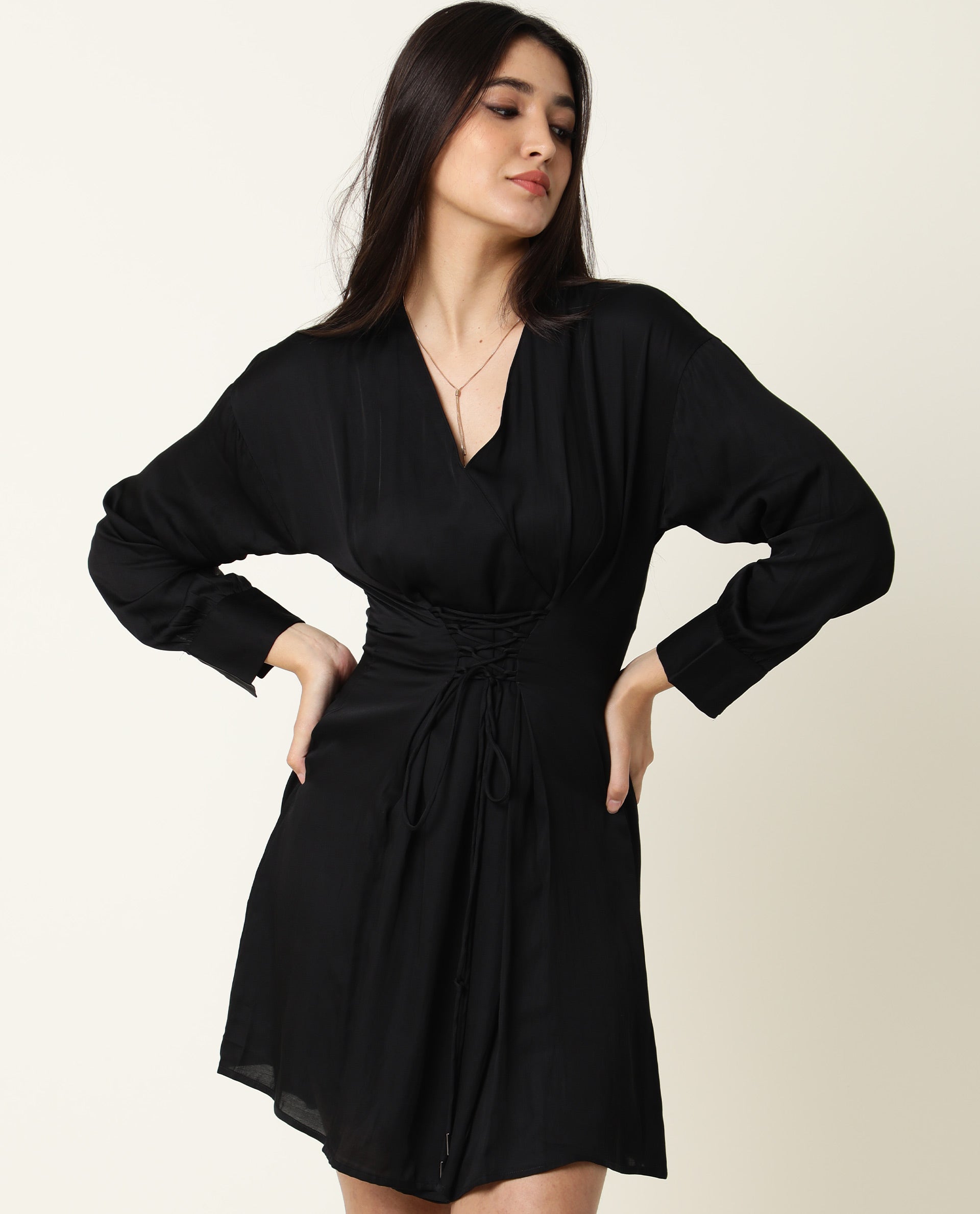 WOMENS LACTOSE BLACK DRESS Modal Satin FABRIC Regular FIT Full Sleeve V Neck