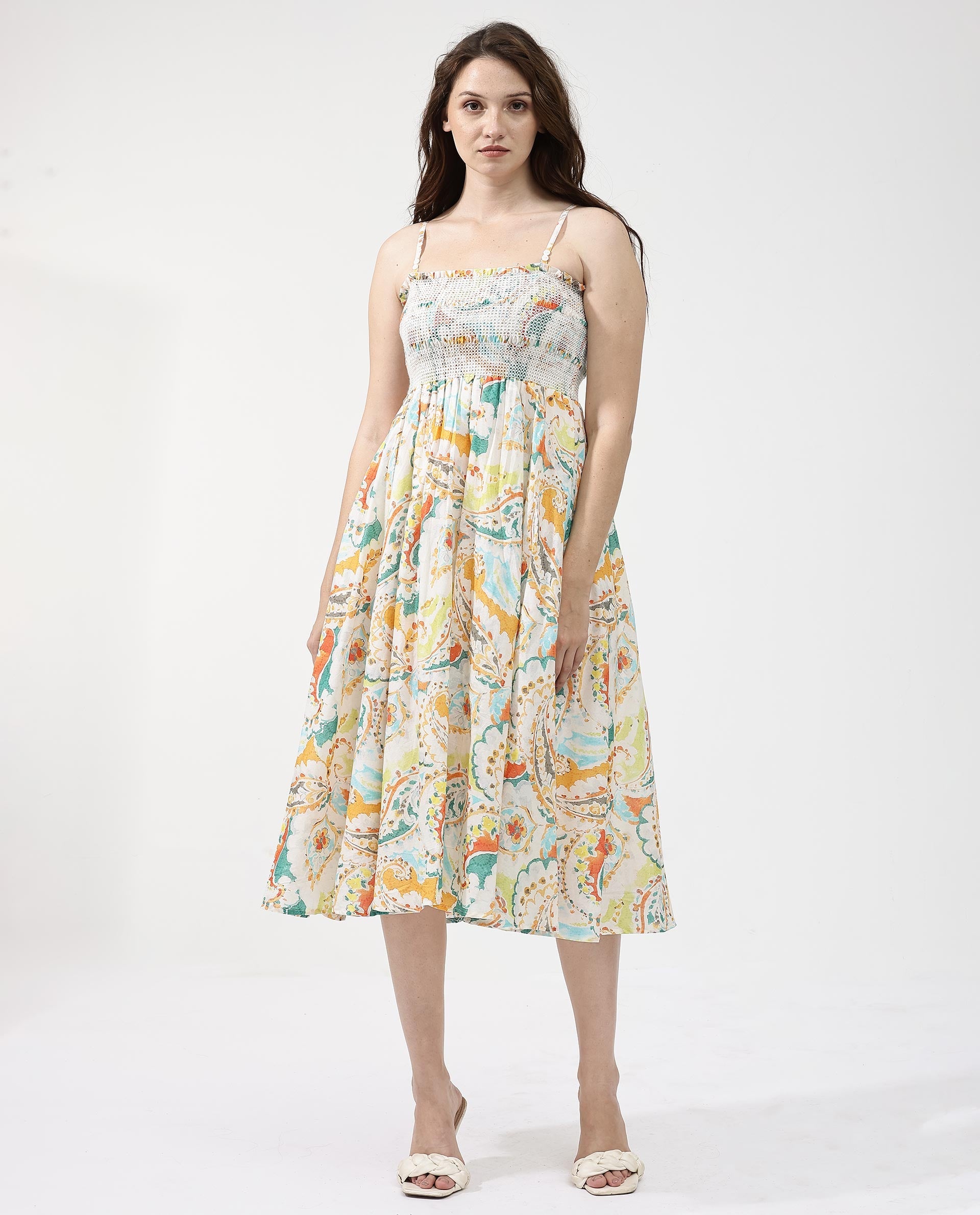 Rareism Women'S Bohemian Paisley Abstract Print Fit And Flare Midi Dress 
