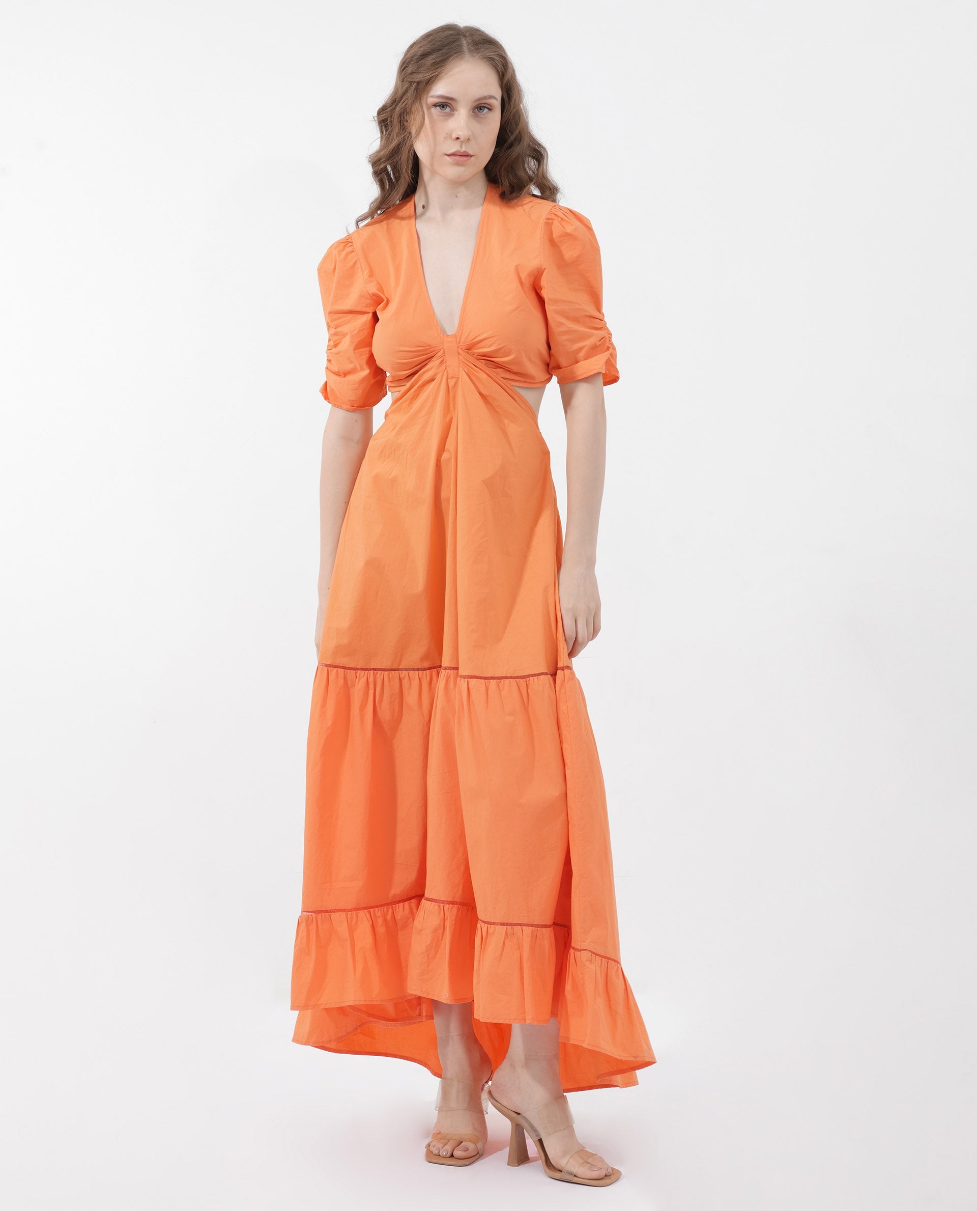 Women's Lesman Orange Cotton Fabric Short Sleeve V-Neck Solid Longline Dress