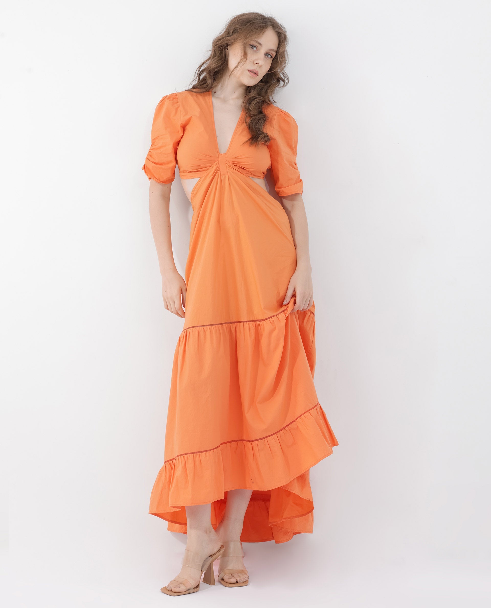 Women's Lesman Orange Cotton Fabric Short Sleeve V-Neck Solid Longline Dress