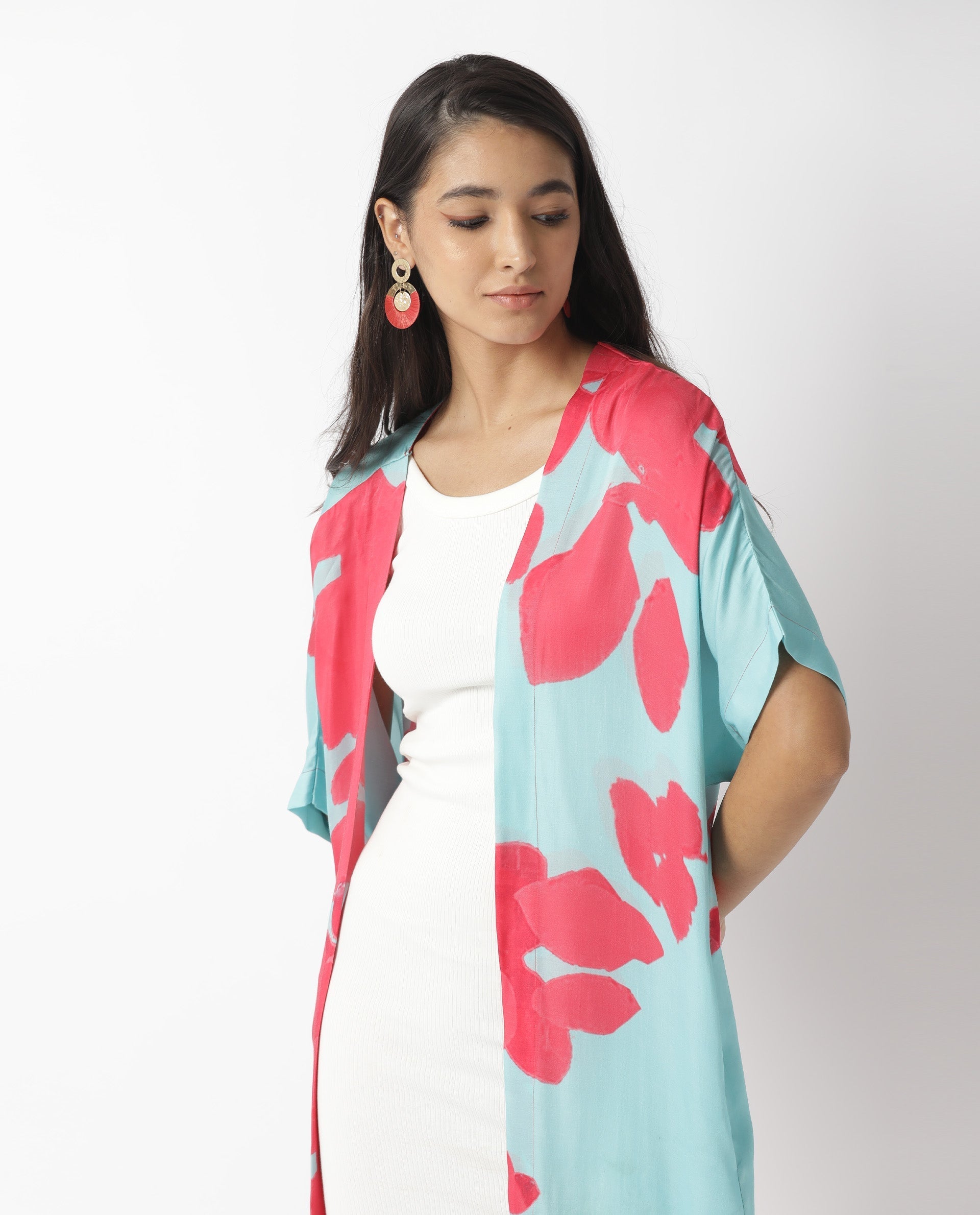 WOMENS LIMUR TURQUOISE OUTER WEAR Modal Satin FABRIC Regular FIT Half Sleeve Collarless NECK