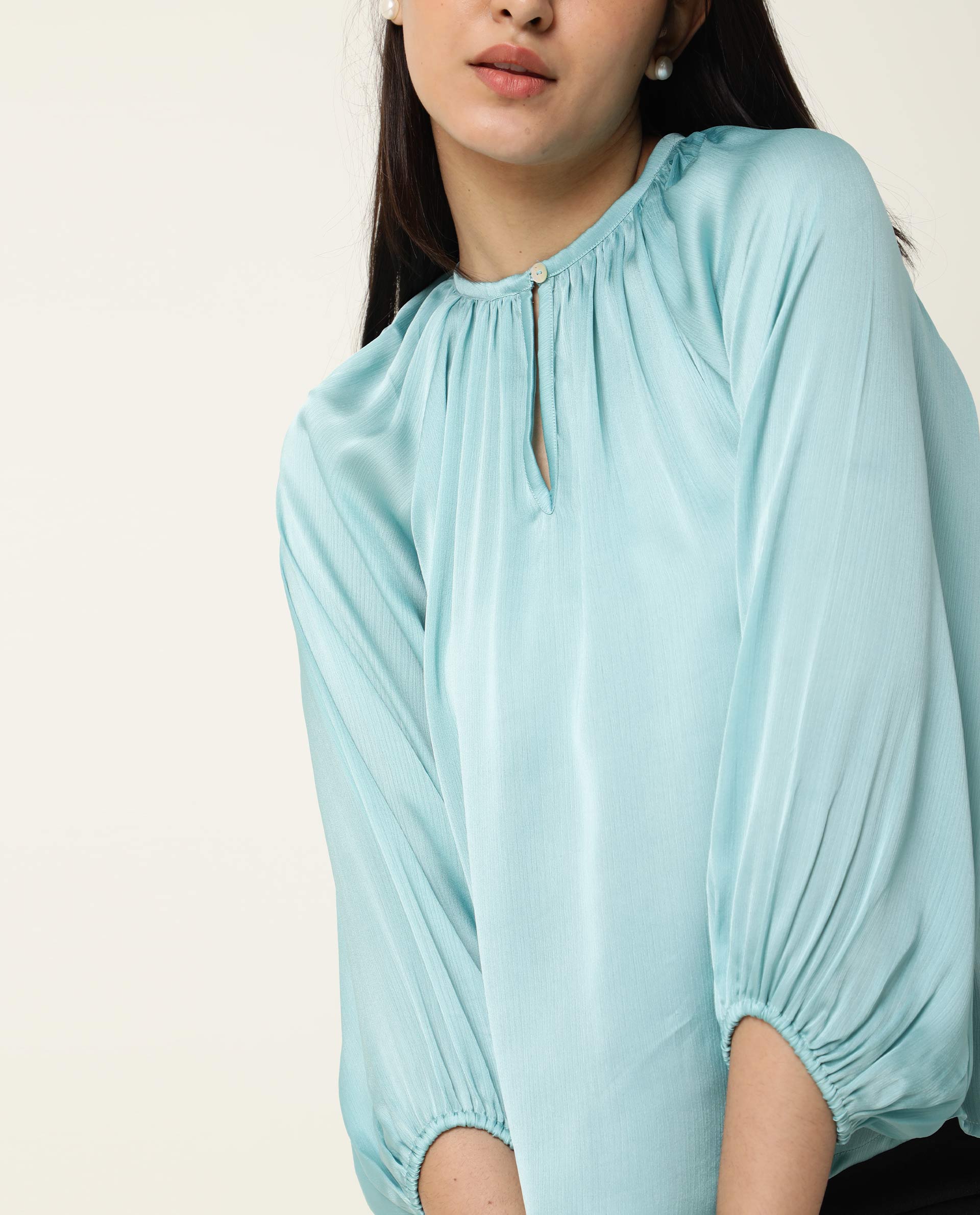 WOMENS FALL BLUE TOP Polyester FABRIC Regular FIT Balloon Sleeve Round Neck