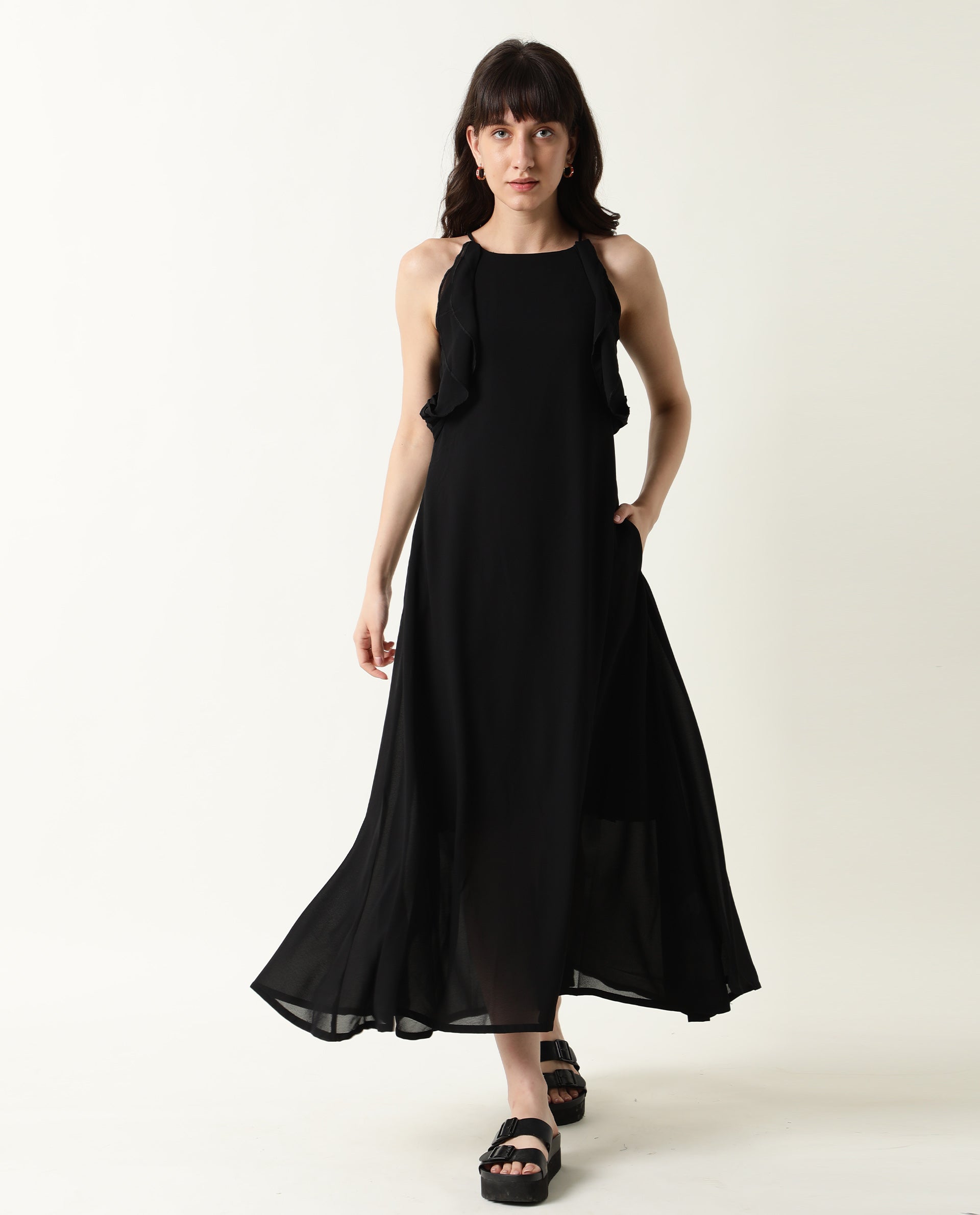 WOMENS DECORA BLACK PLAIN SLEEVELESS POLYESTER FABRIC LONG DRESS