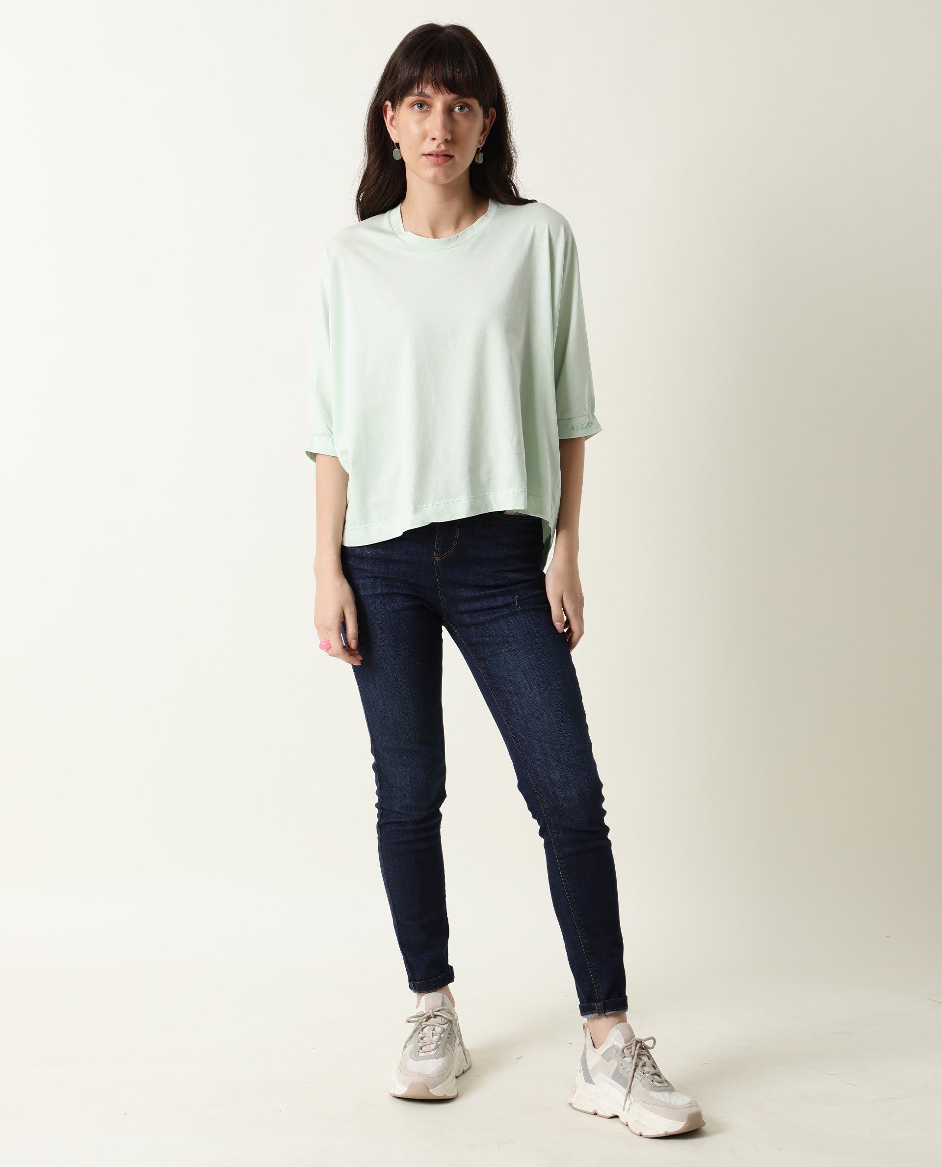 WOMENS OSMO GREEN TOP Cotton FABRIC Regular FIT Volume Sleeve Round Neck