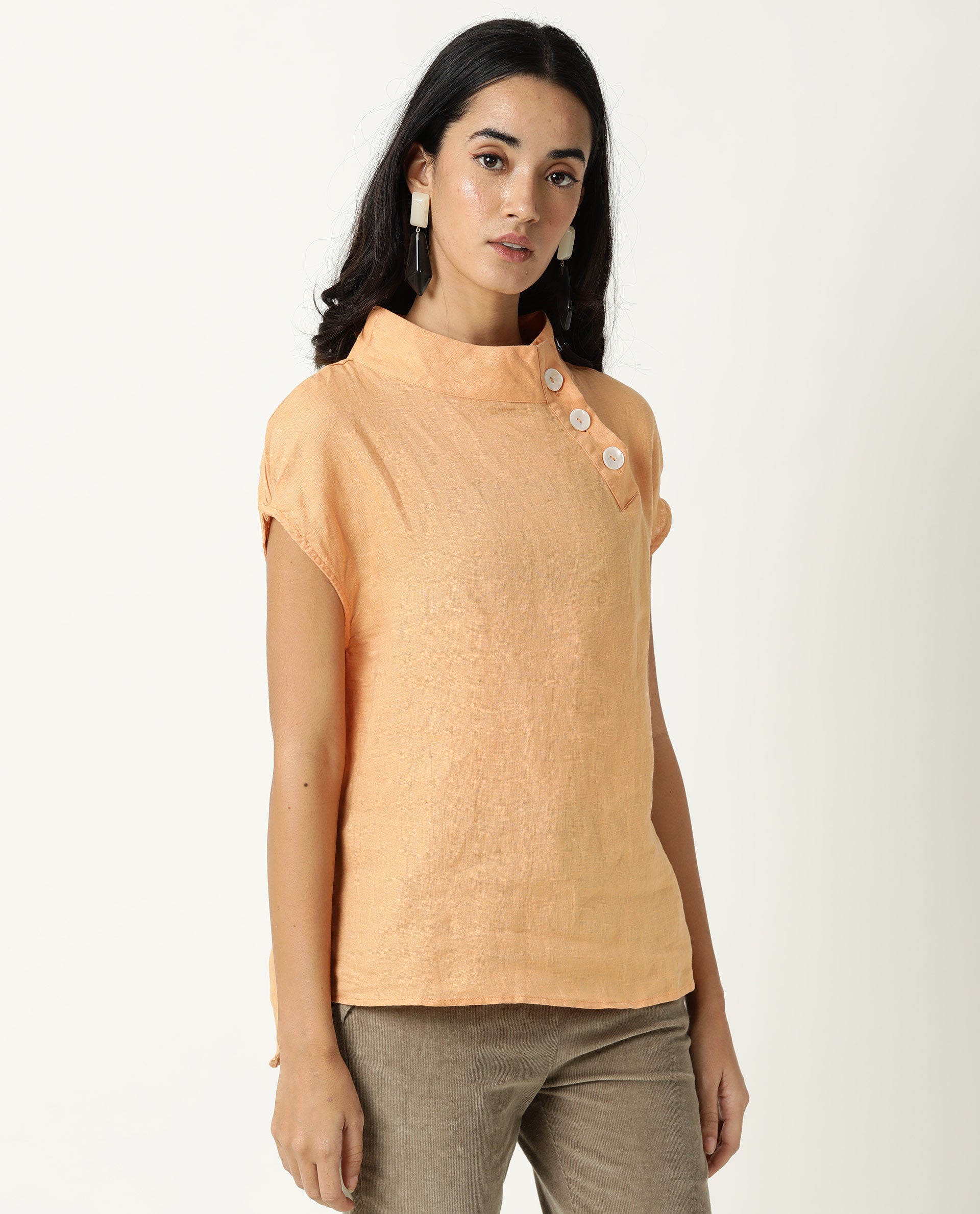 WOMENS KAVIER ORANGE TOP Cotton Linen FABRIC Regular FIT Extended Sleeves High Neck