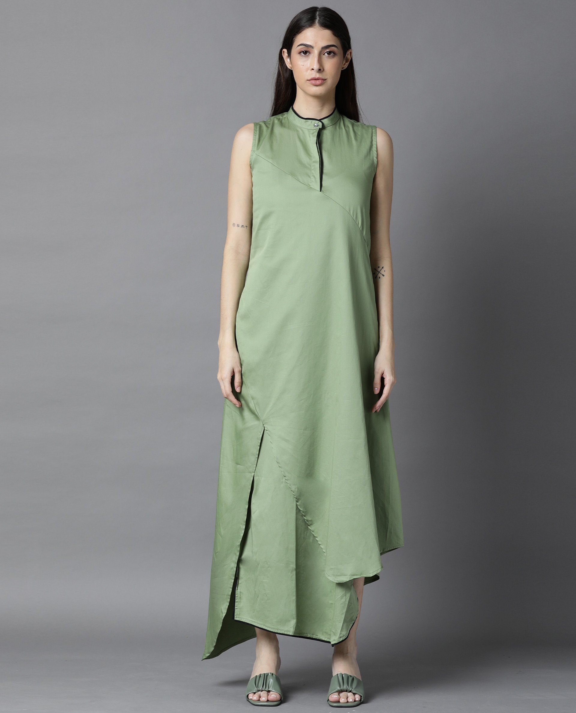 WOMENS SHORE GREEN DRESS SATIN FABRIC REGULAR FIT SLEEVES MANDARIN NECK