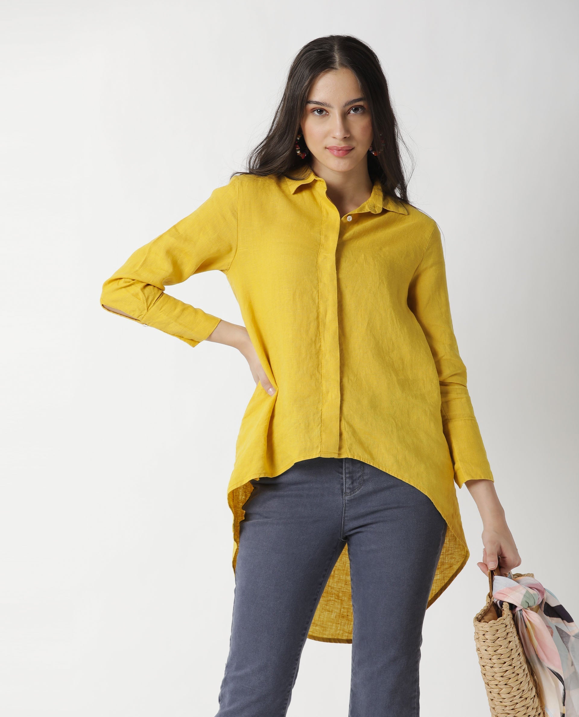 WOMENS COMFO YELLOW TOP Linen FABRIC Regular FIT Cuffed Sleeve Collared Neck