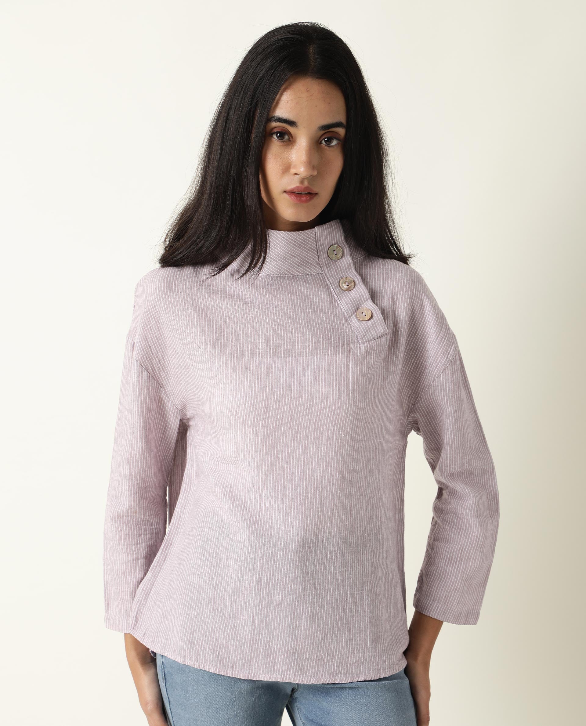 WOMENS MUTE PURPLE TOP Cotton Linen FABRIC Regular FIT Full Sleeve High Neck