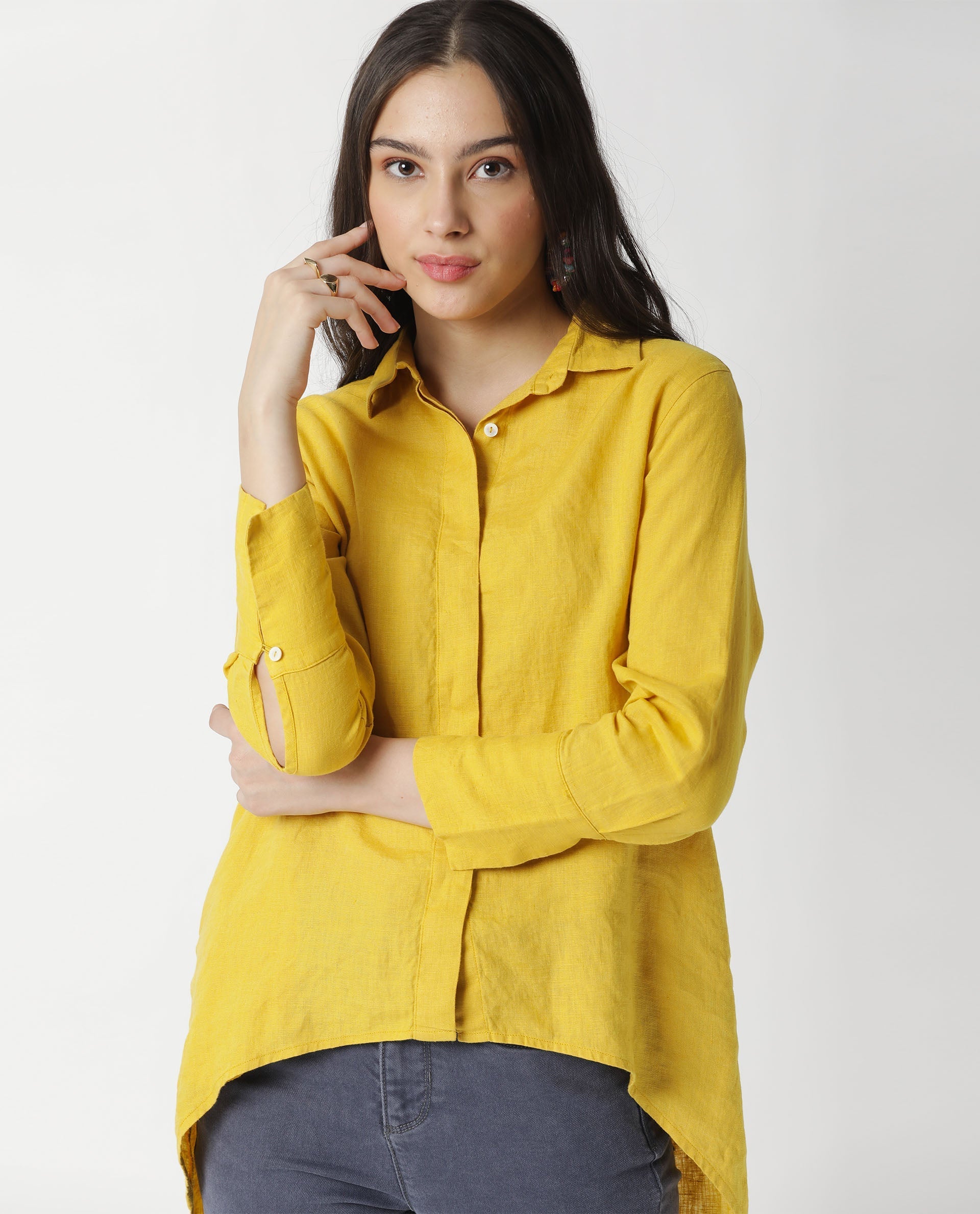 WOMENS COMFO YELLOW TOP Linen FABRIC Regular FIT Cuffed Sleeve Collared Neck