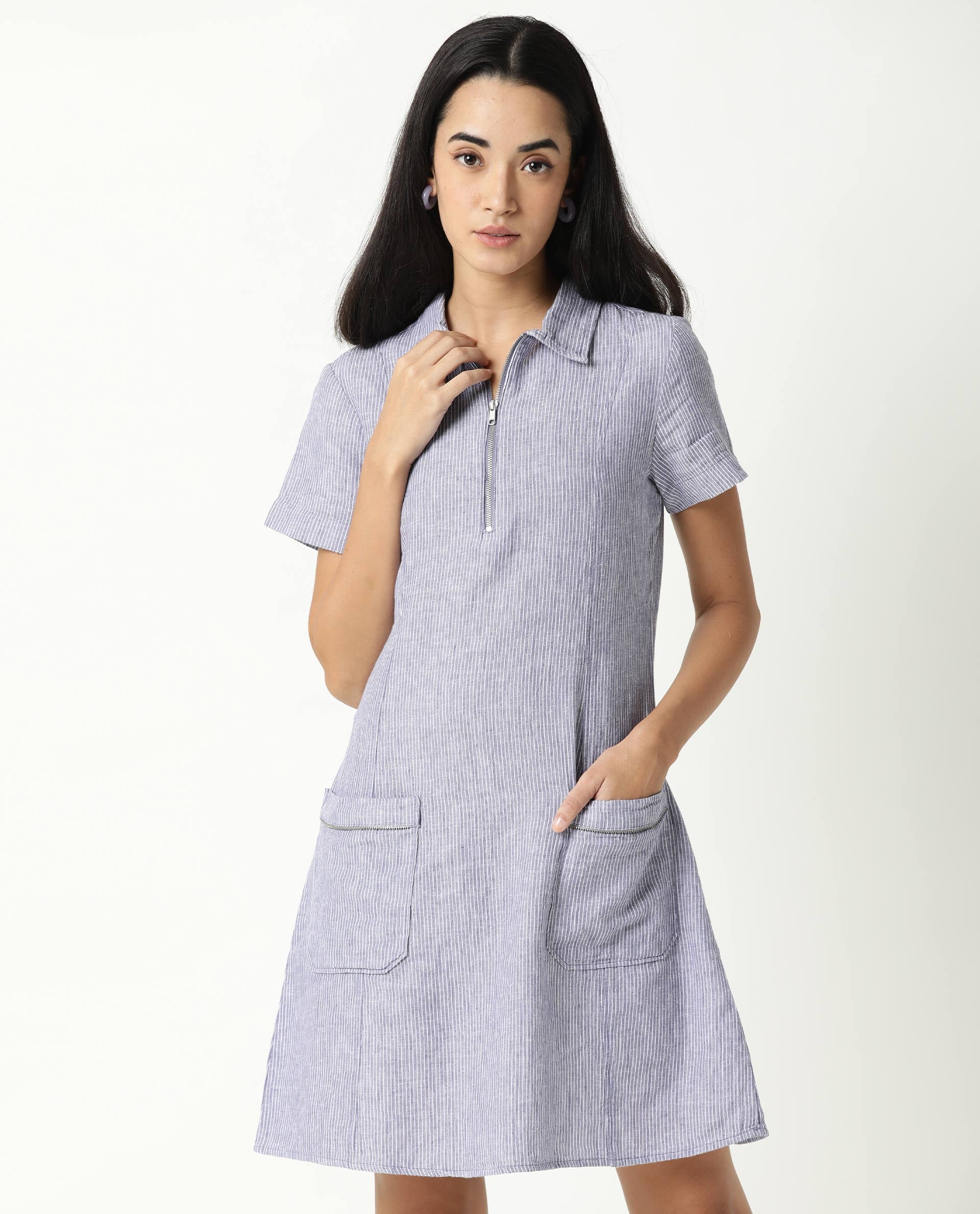 WOMENS LUNA BLUE DRESS COTTON LINEN FABRIC REGULAR FIT HALF SLEEVE COLLARED NECK