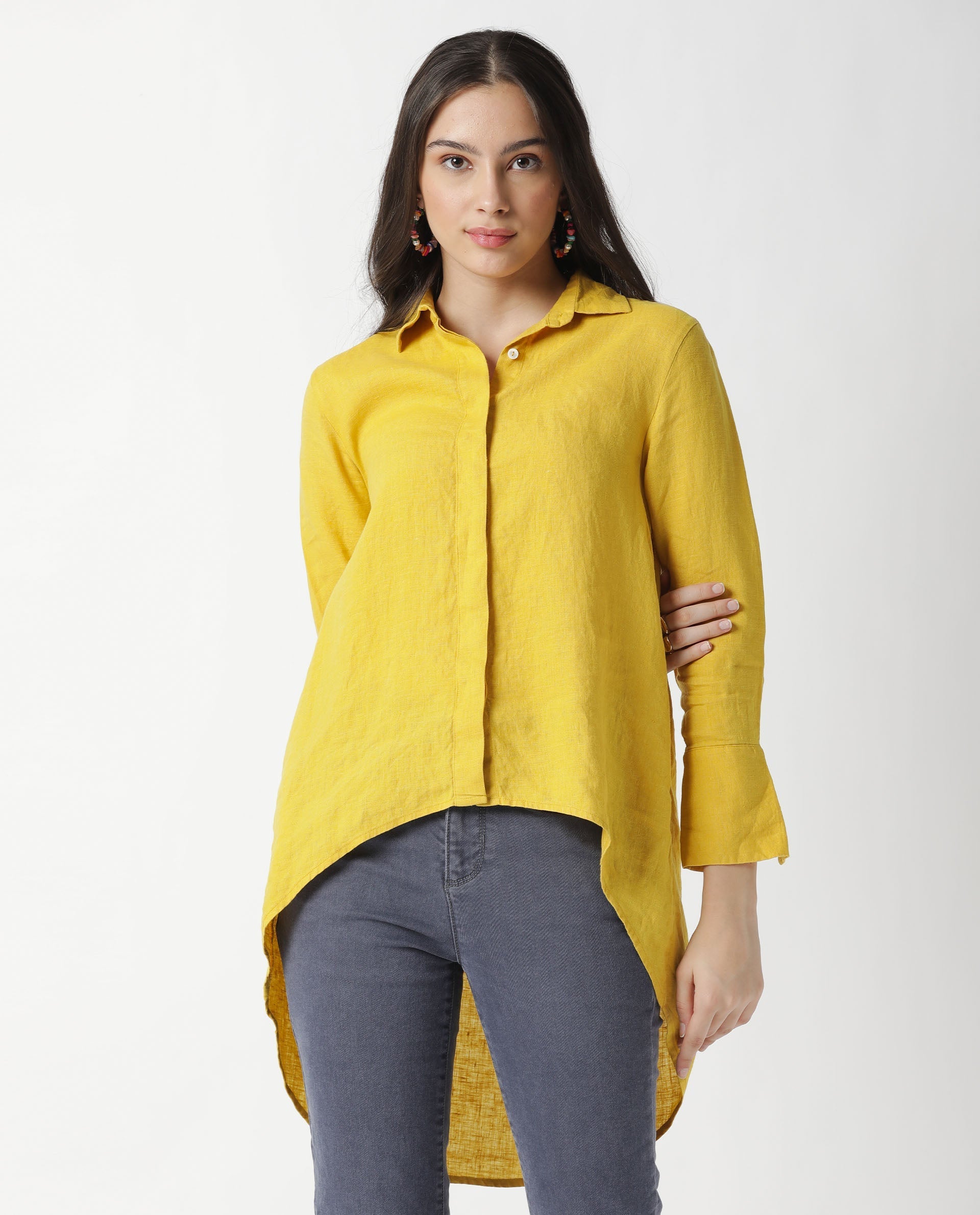 WOMENS COMFO YELLOW TOP Linen FABRIC Regular FIT Cuffed Sleeve Collared Neck