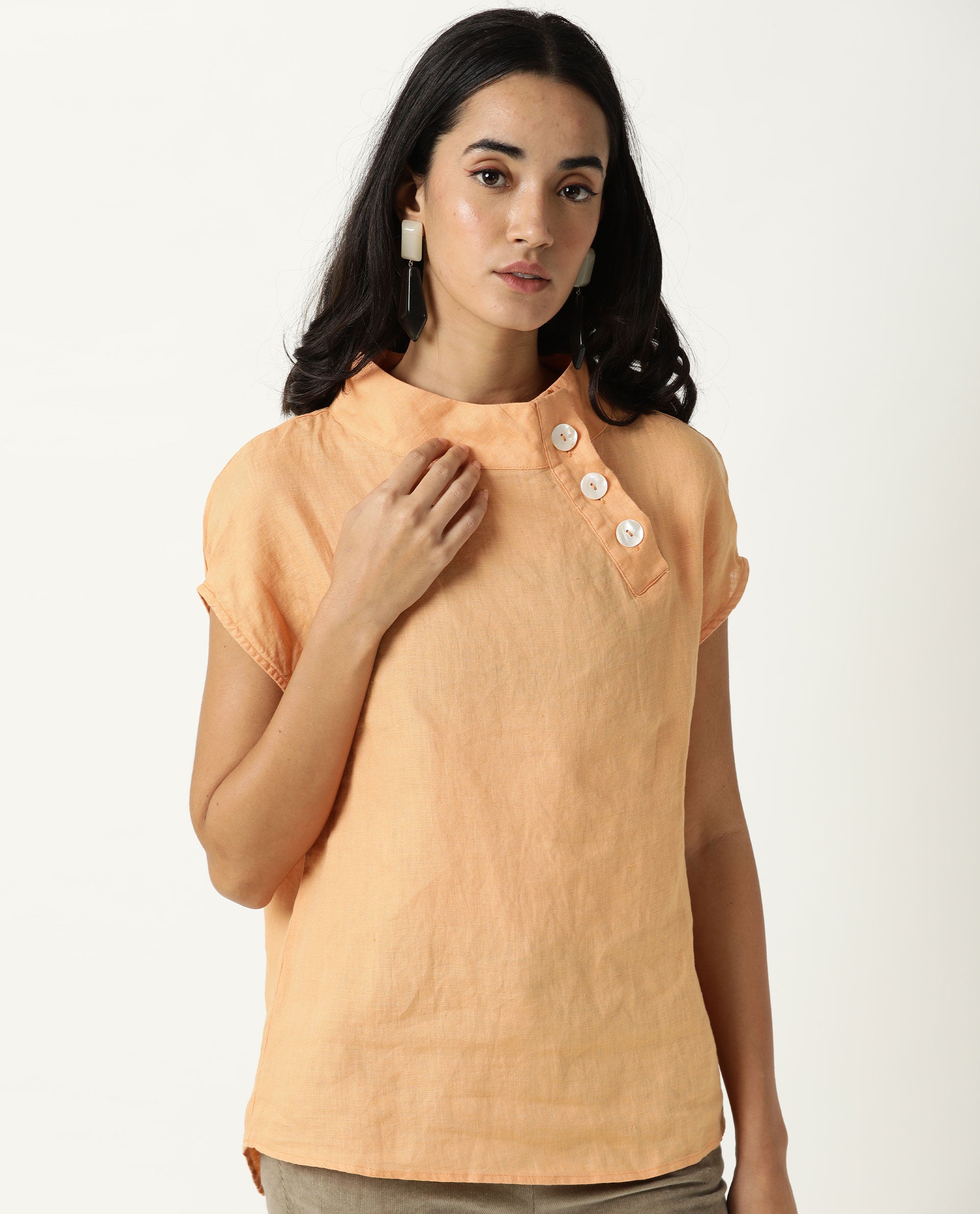 WOMENS KAVIER ORANGE TOP Cotton Linen FABRIC Regular FIT Extended Sleeves High Neck