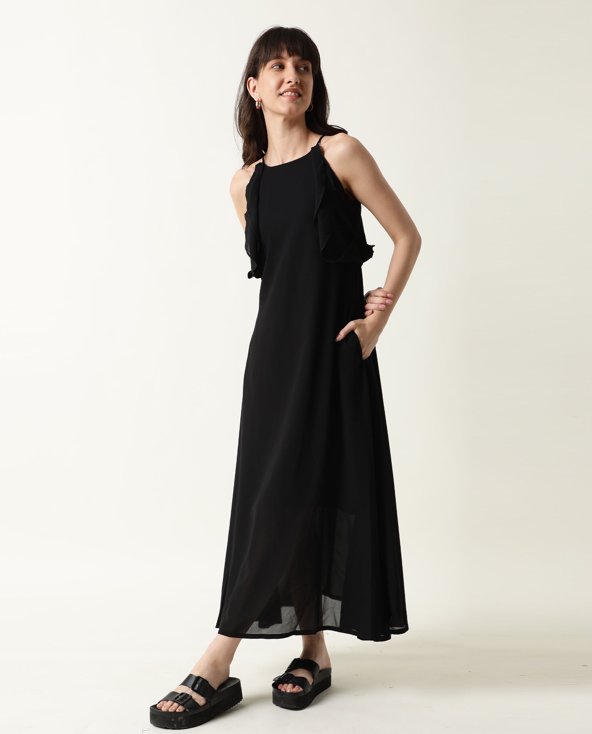 WOMENS DECORA BLACK PLAIN SLEEVELESS POLYESTER FABRIC LONG DRESS