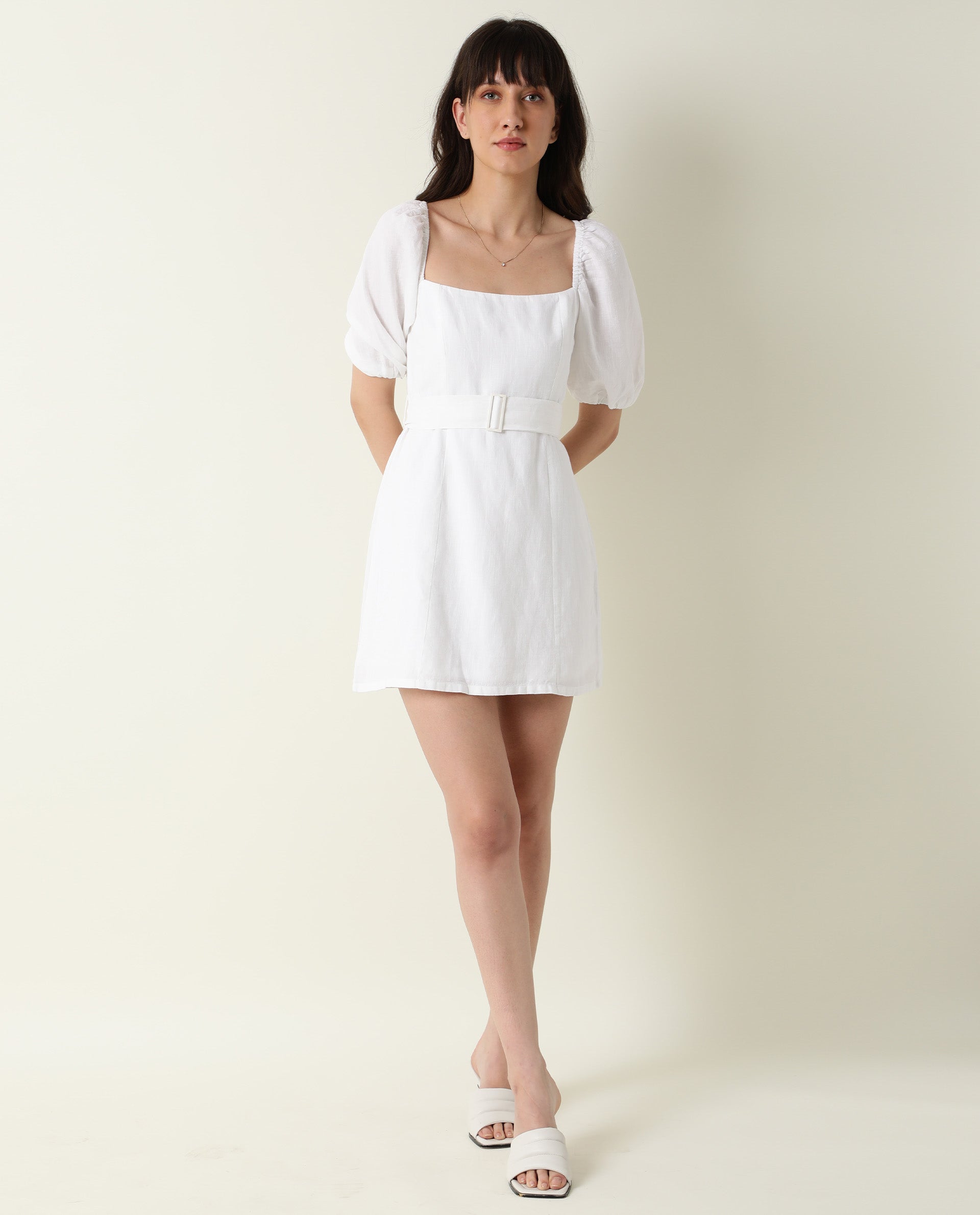 WOMENS UPTOWN WHITE DRESS COTTON LINEN FABRIC REGULAR FIT PUFF SLEEVES SQUARE NECK