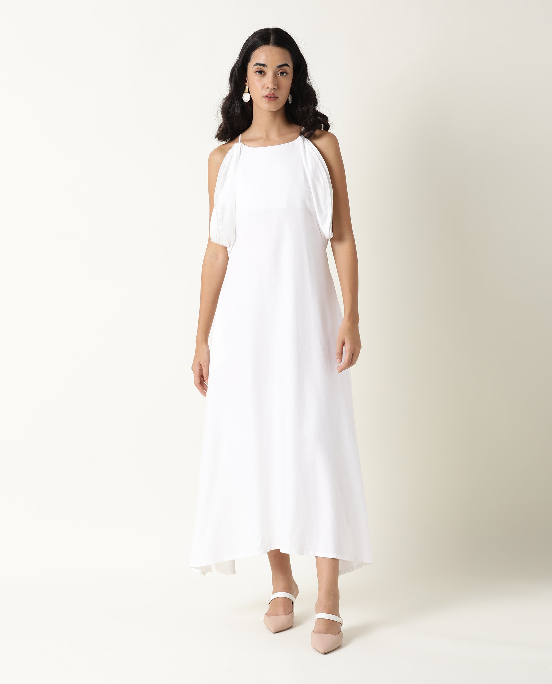 WOMENS ACRON WHITE PLAIN SLEEVELESS TENCEL FABRIC LONG DRESS