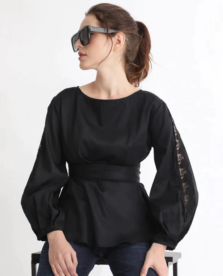 PEPLUM TOP WITH LACE DETAILING ROLINA - BLACK