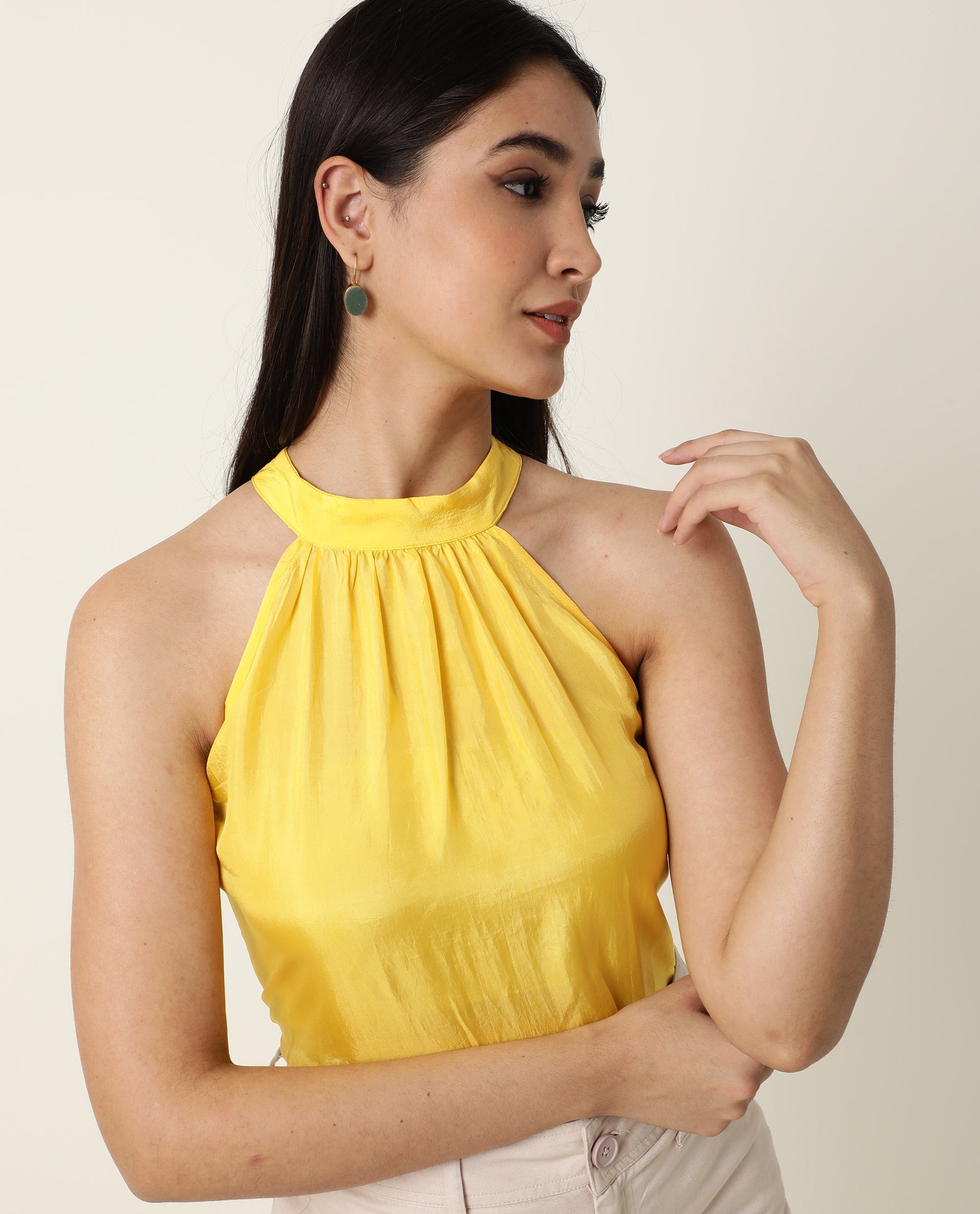 WOMENS SAHANO YELLOW TOP Poly Viscose FABRIC Regular FIT Sleeveless Halter Neck