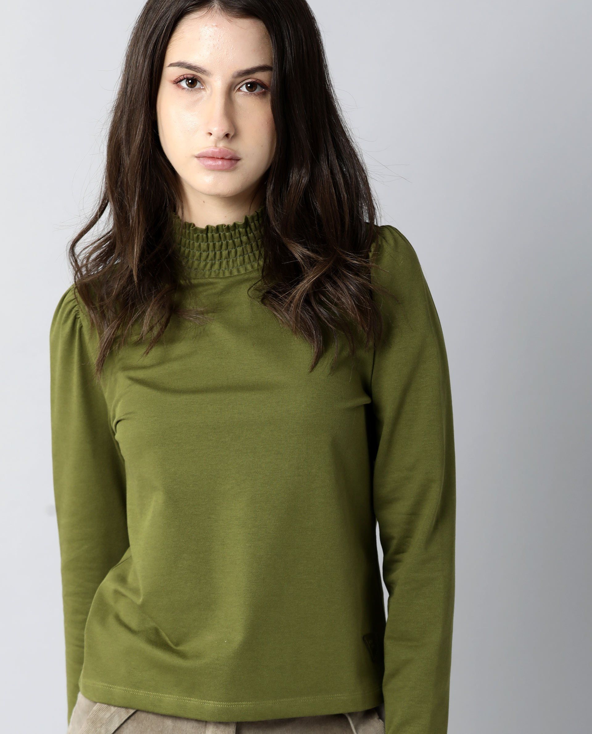 WOMEN'S SPINNY RICH OLIVE COLOR T-SHIRT FULL SLEEVES CREW NECK