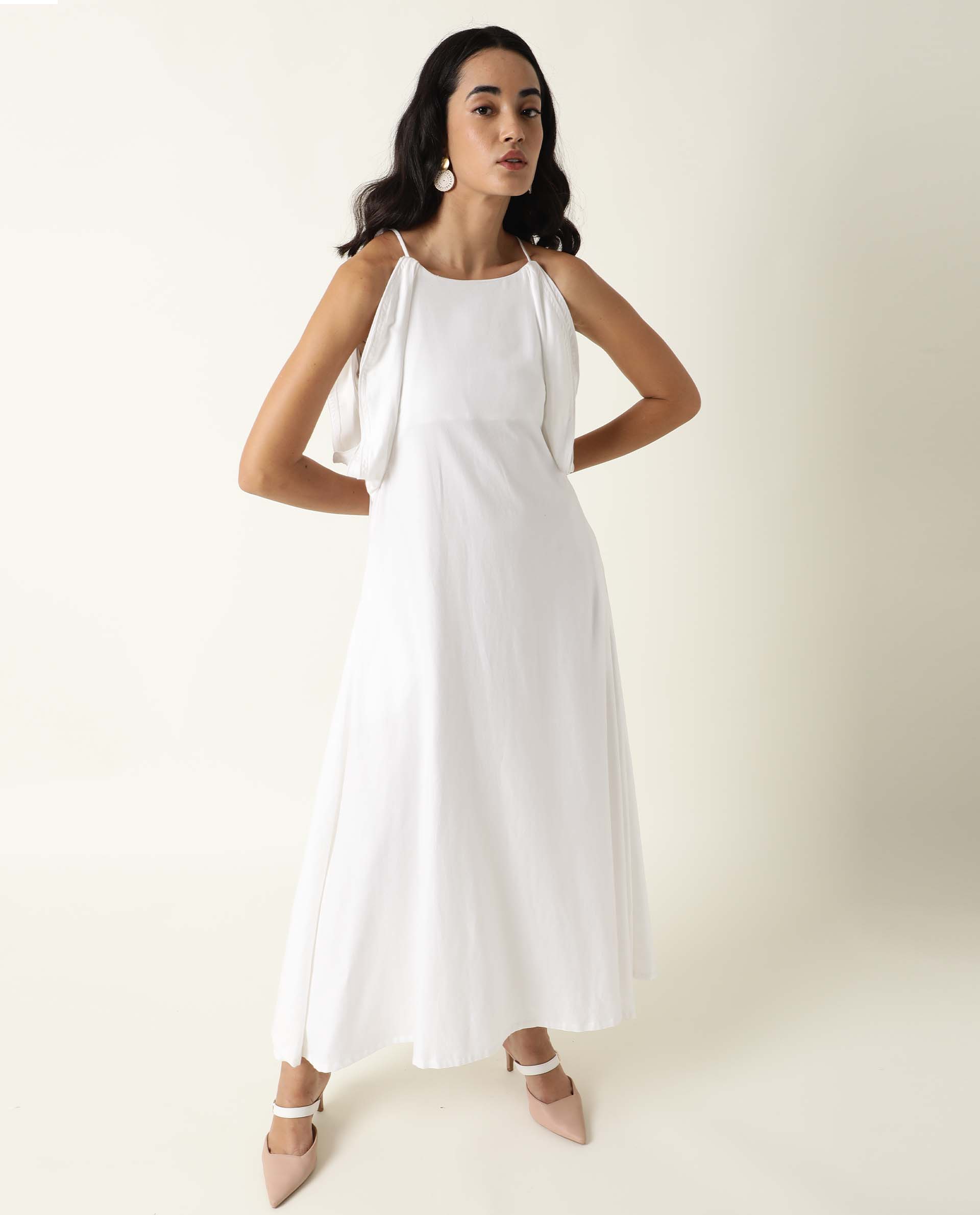 WOMENS ACRON WHITE PLAIN SLEEVELESS TENCEL FABRIC LONG DRESS